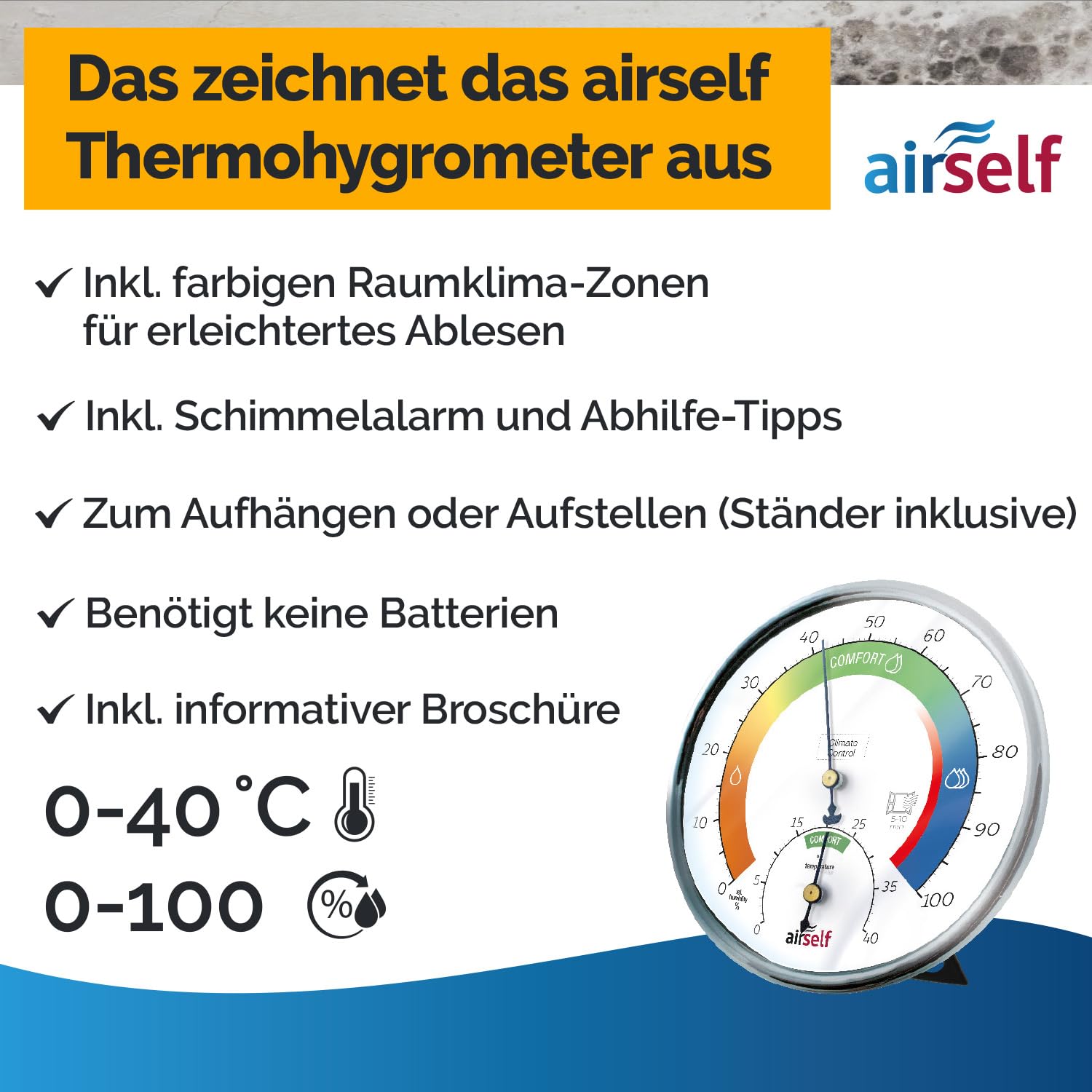Schimmeltest + Thermohygrometer analog für bis zu 6 Räume | zum Check der Schimmelbelastung, inkl. analogem Thermo-Hygrometer