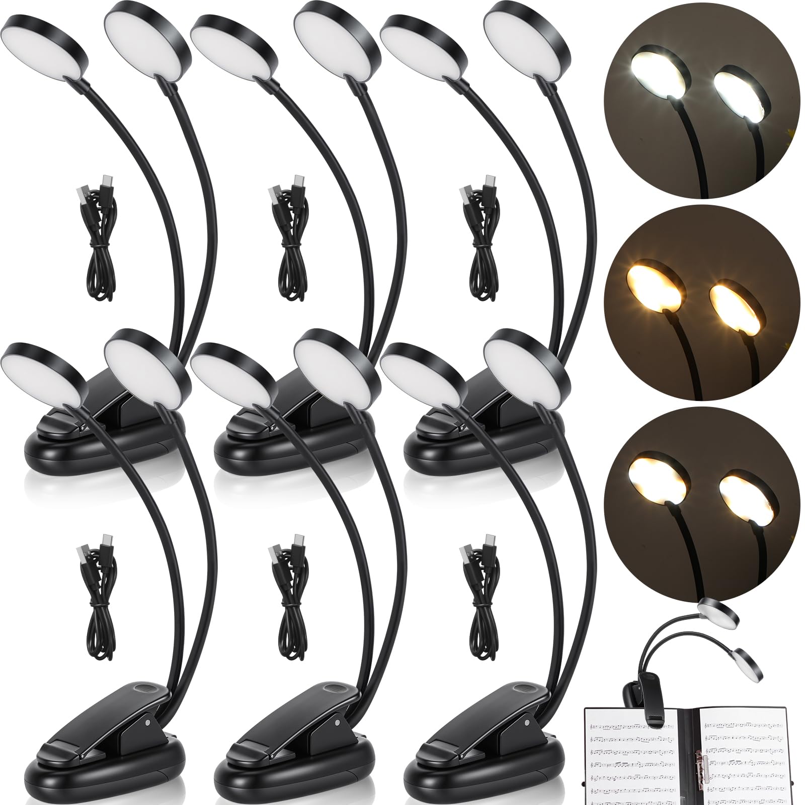 Retisee Notenständer-Lichter, Klavier zum Anklemmen, USB- und AAA-Batteriebetrieb, Doppelkopf-LED-Leselampen, 3 Helligkeitsstufen für Musiker, Klavier, Orchester, Gitarre, 6 Stück