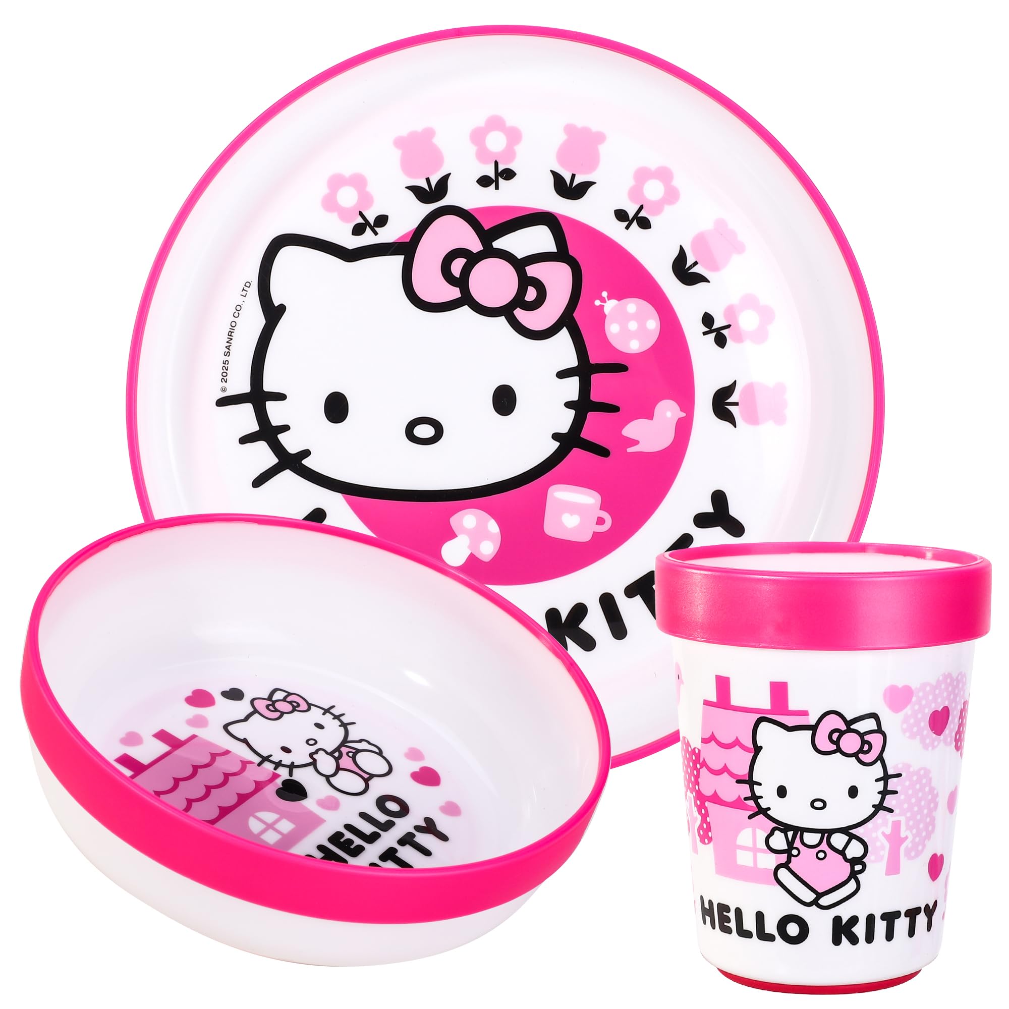 Hello Kitty 3pcs Reusable Bicolor Premium Kids Dinner Tableware Set Plate, Bowl & Tumbler, BPA Free