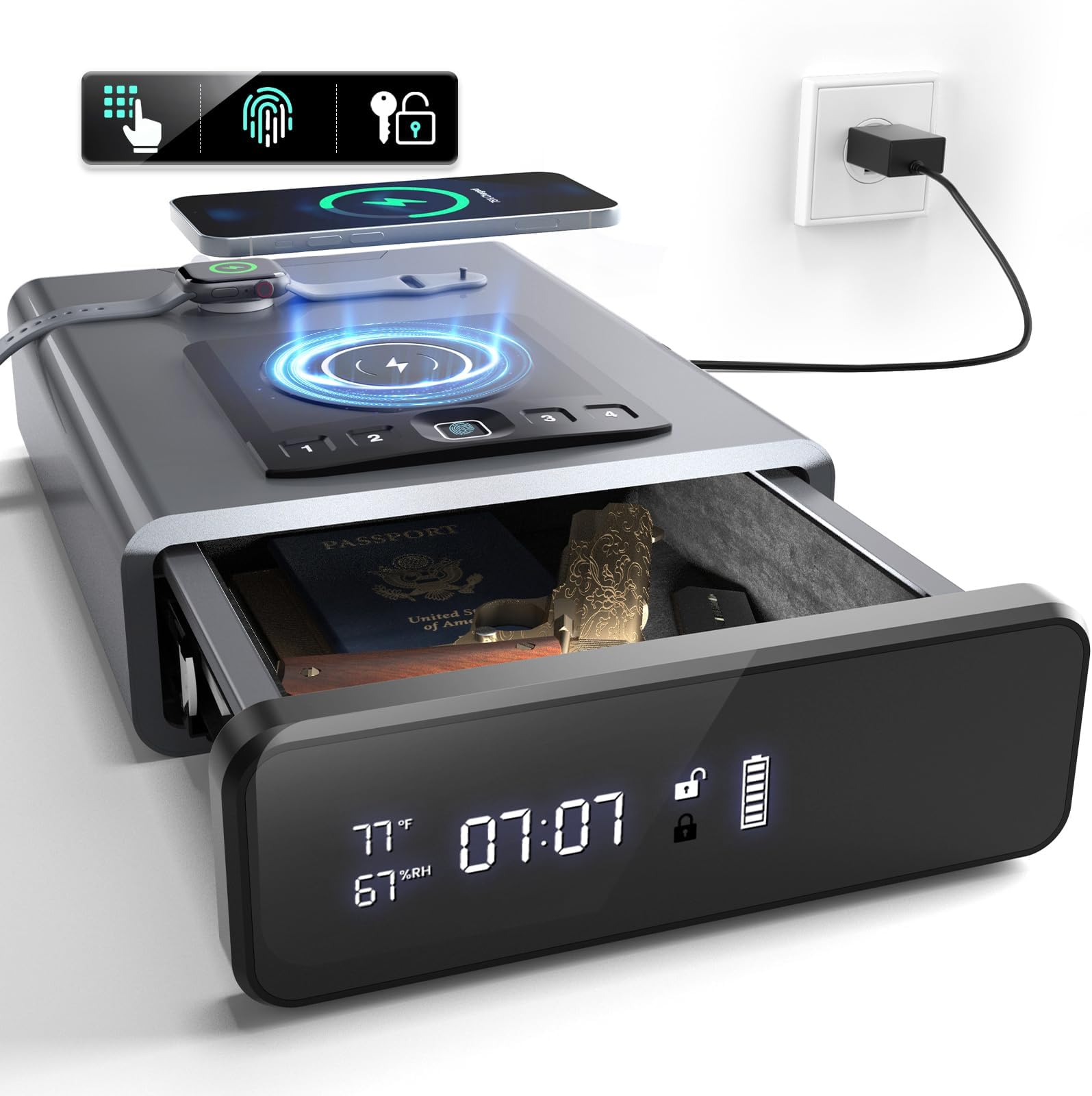 Biometric Gun Safe for Handgun, 24/7 Display Clock Safes with 2-in-1 Watch & Phone Wireless Charging, Pistol Safe with Backlit Keypad, Handgun Safes with LED Light, Auto Pop-up Unlock