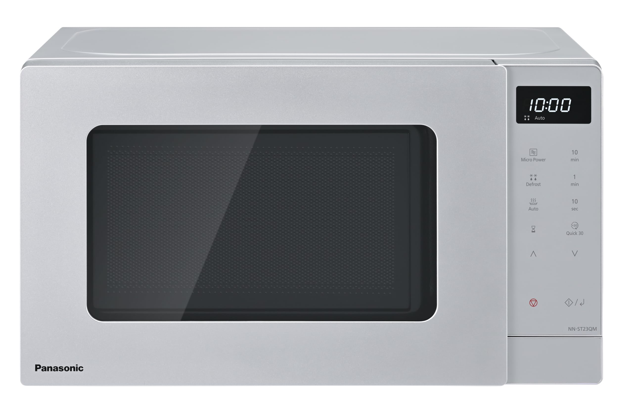 Panasonic NN-ST23QMBPQ 20L Solo Microwave Oven with Glass Tray, 800W, Auto Defrost, 8 Auto Programmes, LED Display, 5 Power Settings, Digital Timer, Silver
