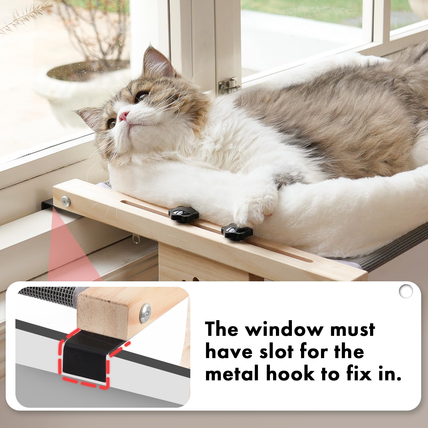 AMOSIJOY Percha para Ventana de Gato, Hamaca Resistente con Funda de Cama, Marco de Madera y Metal para Gatos Grandes, fácil de Ajustar para alféizar de Ventana, mesita de Noche, cajón y Armario