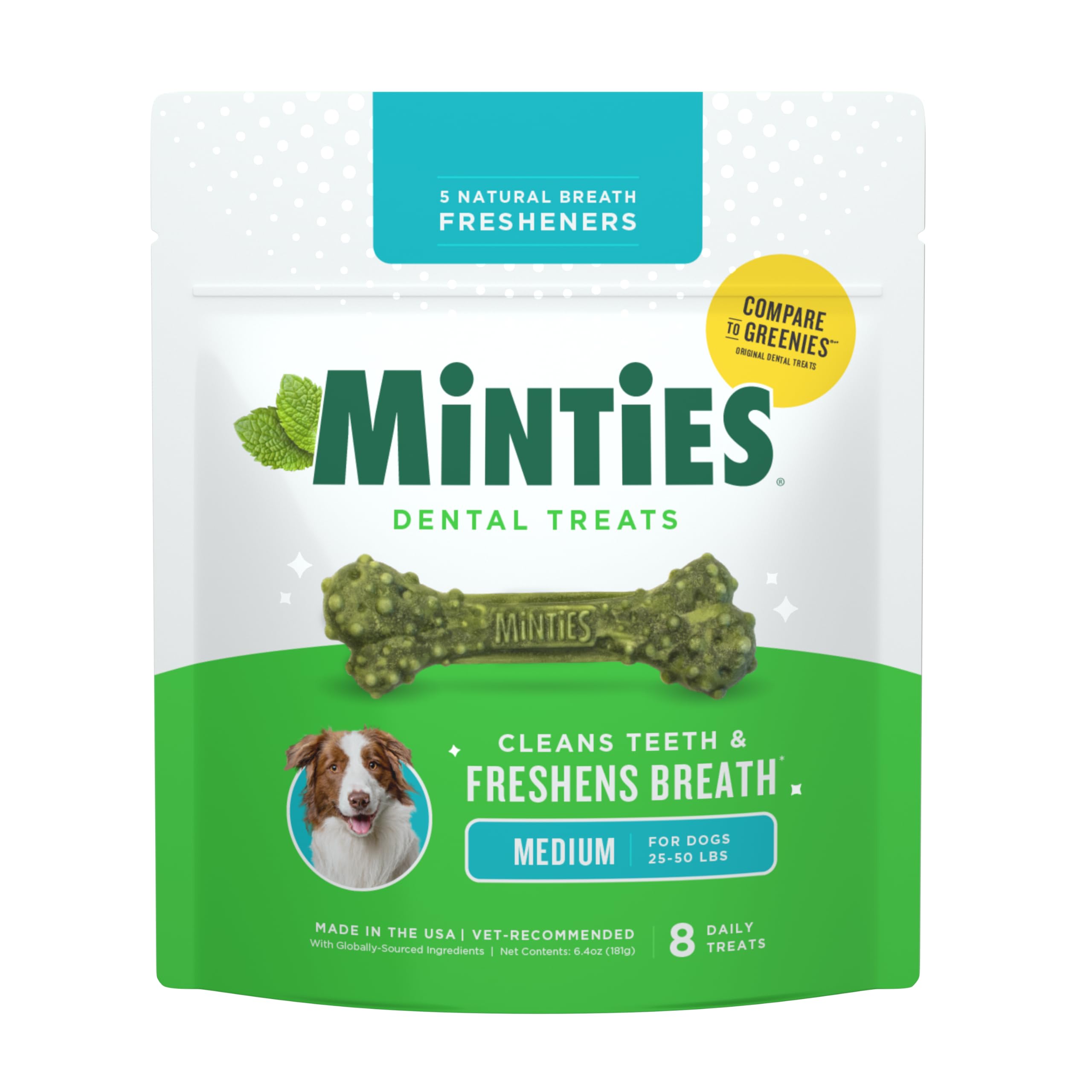 MintiesDental Chews for Dogs, 8 Count, Vet-Recommended Mint-Flavored Treats for Medium Dogs 25-50 lbs, Dental Bones Clean Teeth, Fight Bad Breath, and Removes Plaque and Tartar