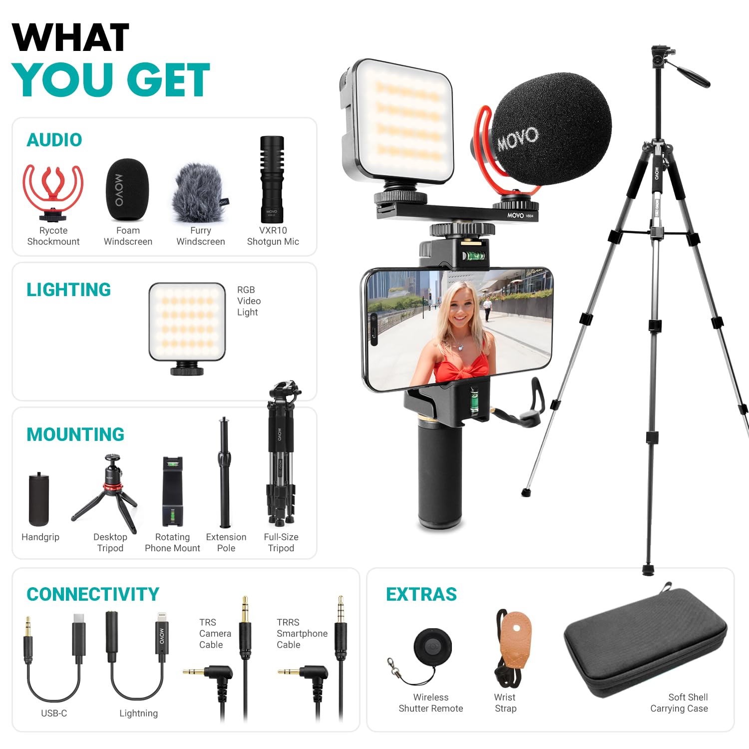 Movo iVlogger-Pro Kit de vlogging avec trépied Complet pour iPhone/Android Youtube Starter Kit pour créateurs de Contenu, Accessoires : trépied de téléphone, Support de téléphone, lumière RVB et