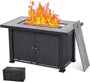 44" Propane Fire Pit Table, 50000BTU Rectangle Fire Table with Cover & Rain Cover, Sturdy Steel and Iron Fence Surface, CSA Safety Certified, Companion for Your Garden