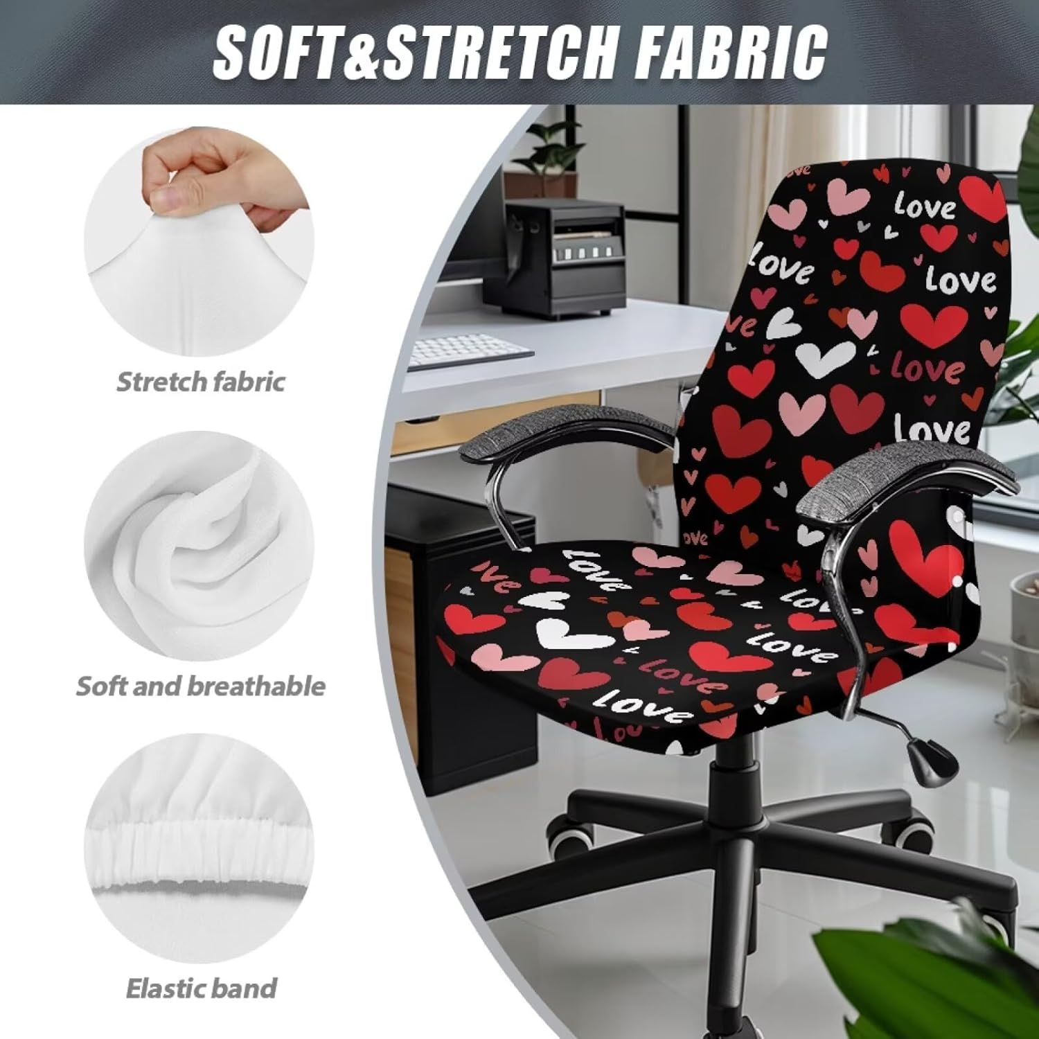 Office Chair Cover Breathable Desk Chair Slipcover Stretchable Washable Home Office Decorations and Accessories for Valentine's Day Decor, L, Red Heart-Shape Print Black