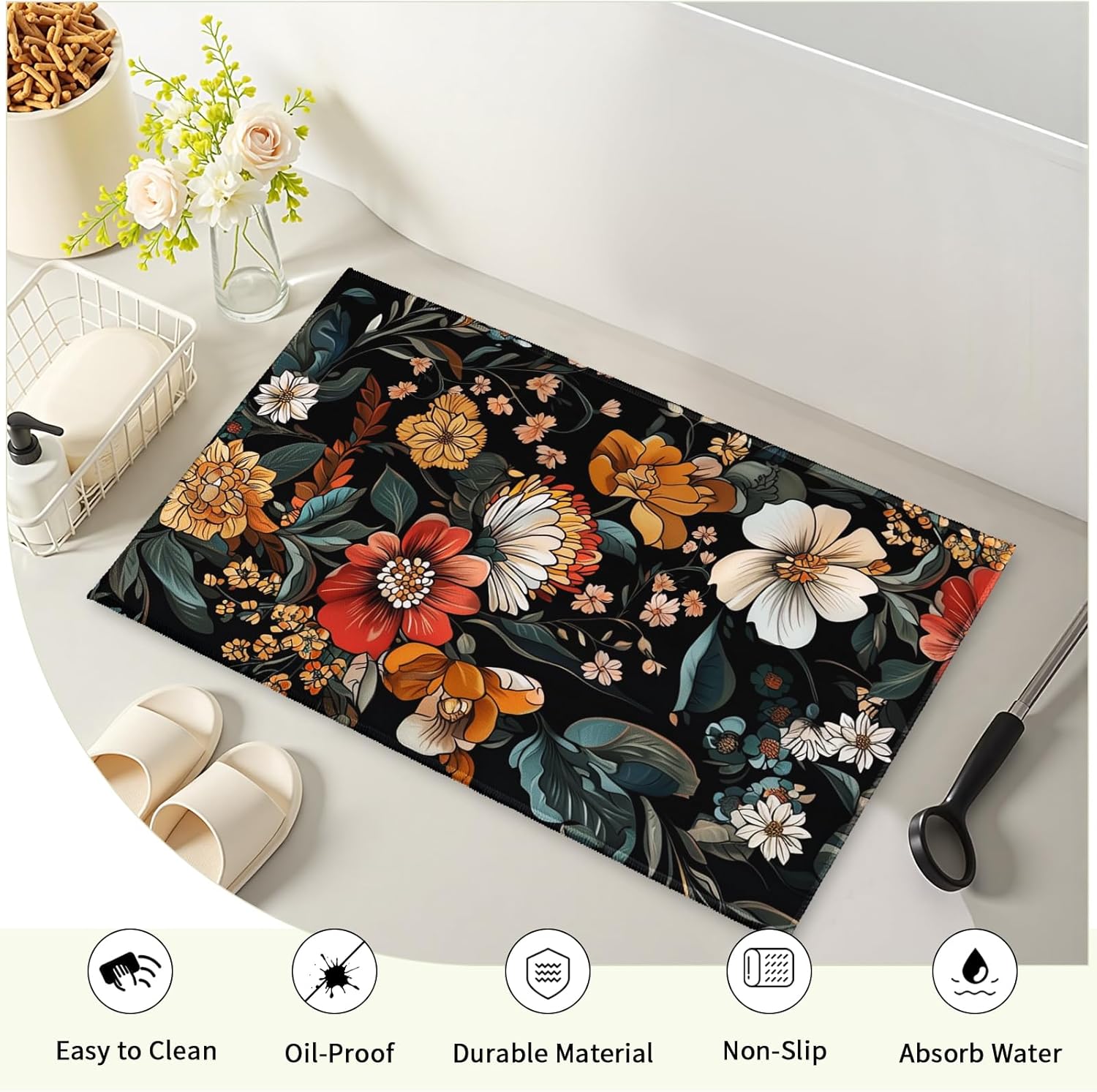 Giwawa Vintage Floral Bath Rug Boho Flower Bathroom Mat Soft Quick Dry Non Slip Washable Plush Shower Rugs for Bathtub Sink Toilet Tub, 20" x 32"