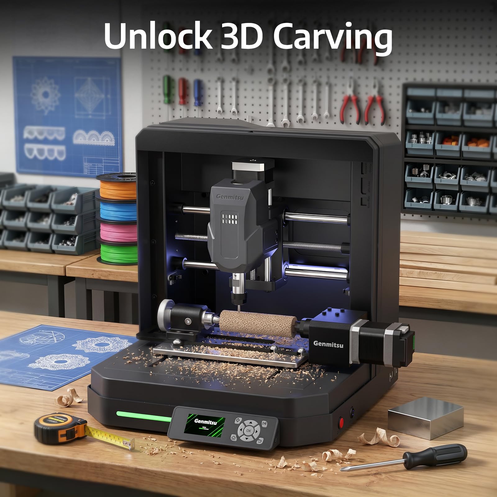 Genmitsu 4. Achsen-Drehmodul für Cubiko Desktop-CNC-Maschine, zylindrische Gravur, 120 mm Spannbereich, 4:1 Untersetzung