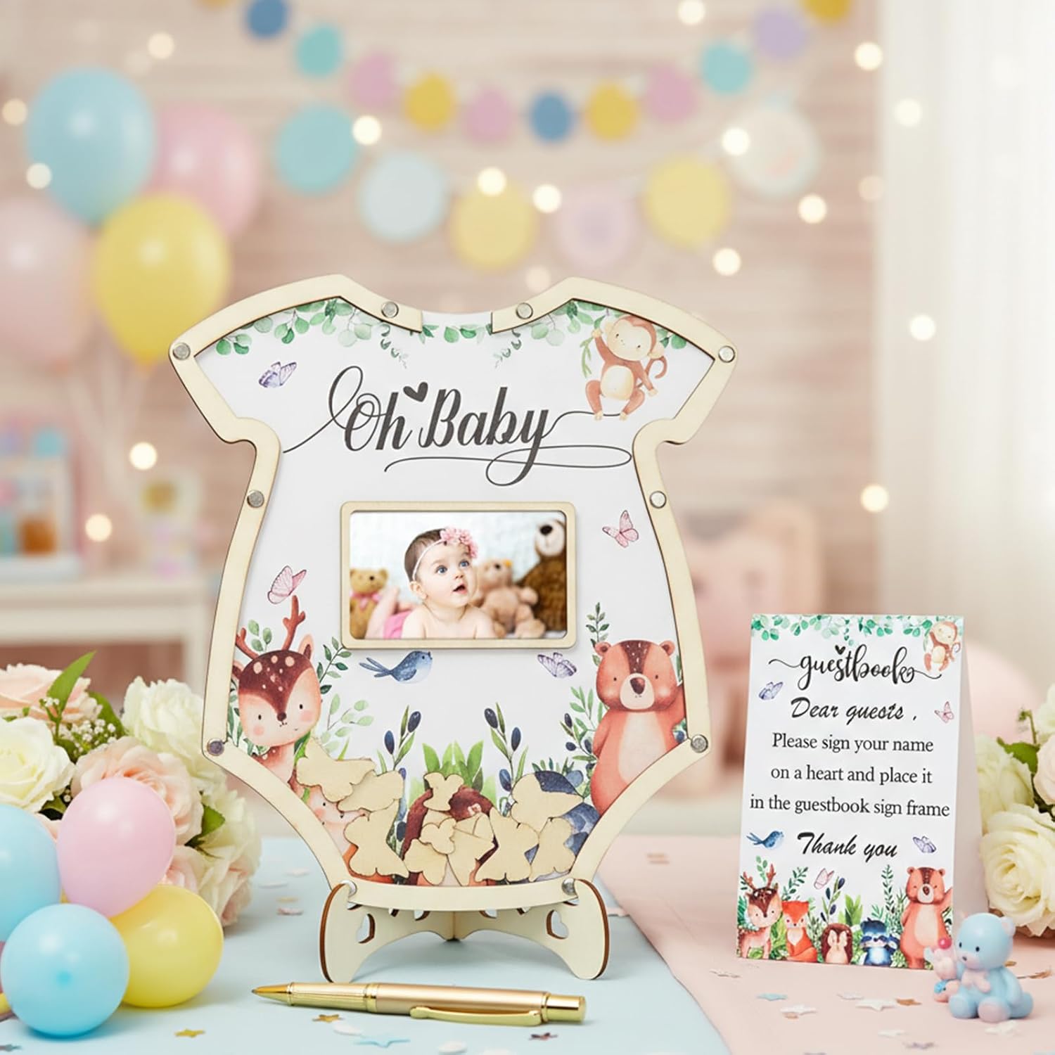 64Pcs Baby Shower Guest Book Alternative – Keepsake Onesie Shaped with Wooden Photo Frame, 60 Heart-Shaped Wooden Chips Pen Holder and Sign in Book for Gender Reveal Baby in Bloom Themes Animal