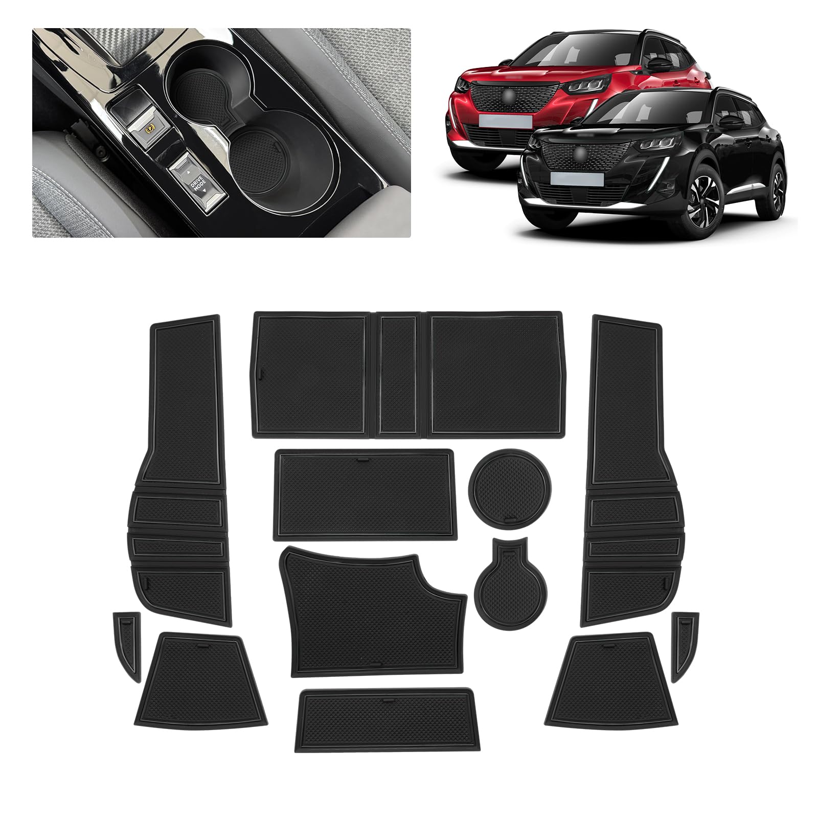 Tapis Anti-dérapant pour Peugeot 2008 E-2008 2020-2025 – Tapis en Caoutchouc Original pour Console Centrale, Porte-gobelets, Fente de Porte, Compatible avec Peugeot 2008 GT Line (Noir)