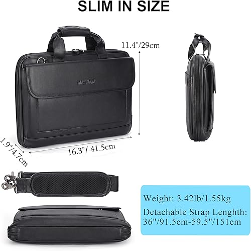 Miniatura 3 de Masa Kawa Maletín de cuero para hombre, delgado de 15.6 pulgadas, bolsa para computadora portátil, impermeable, cruzada, para el trabajo de