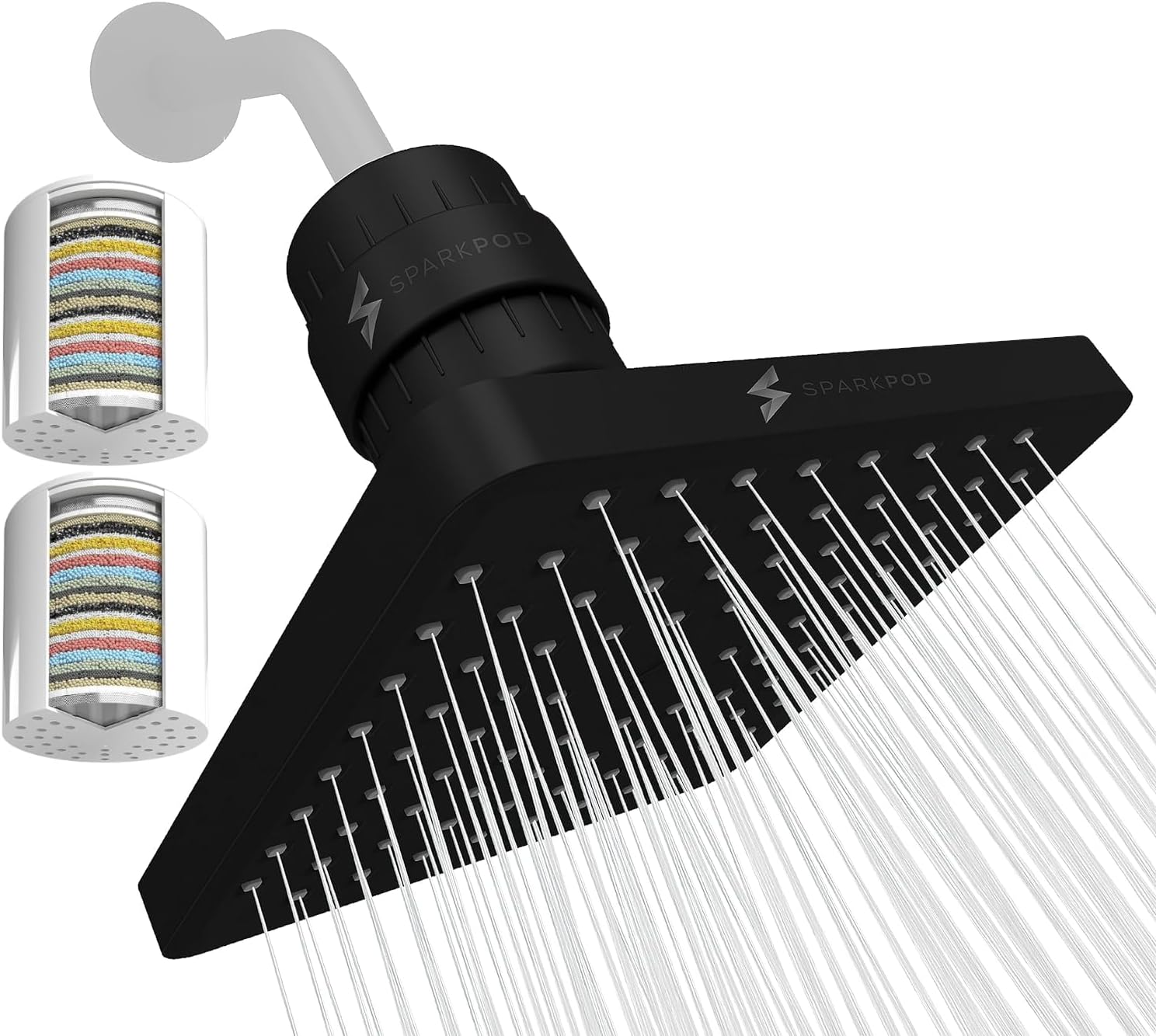 SparkPod Luxury Filtered Shower Head Set 23 Stage Shower Filter with 1 Extra Filter - Removes Chlorine and Heavy Metals - High Pressure Showerhead Filter (8" Square, Midnight Black Matte)