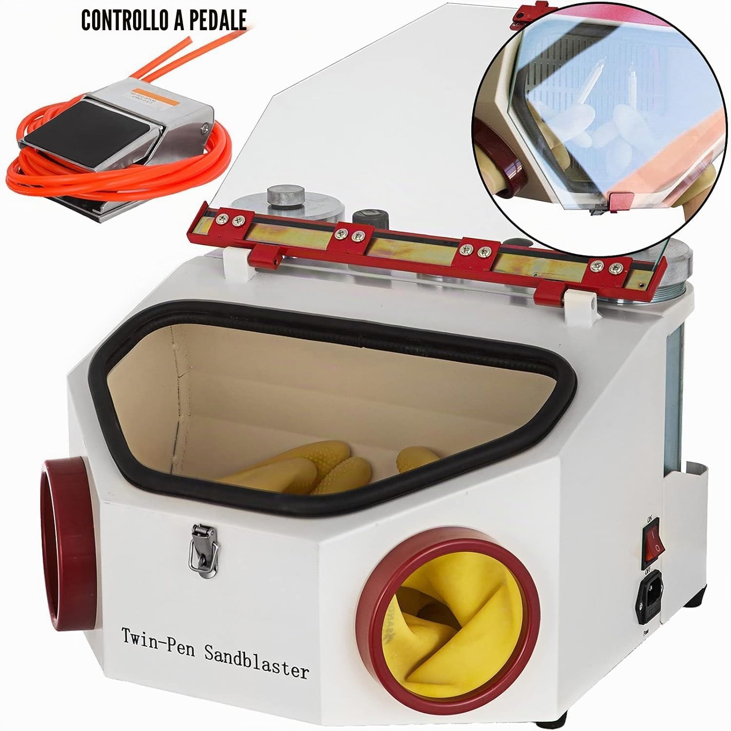 Sabbiatrice da 220 V, sabbiatrice dentale da 50 W, sabbiatrice con due perni e striscia luminosa a LED, sabbiatrice adatta per lucidare e rimuovere ruggine, cabina sabbiata con interruttore a pedale