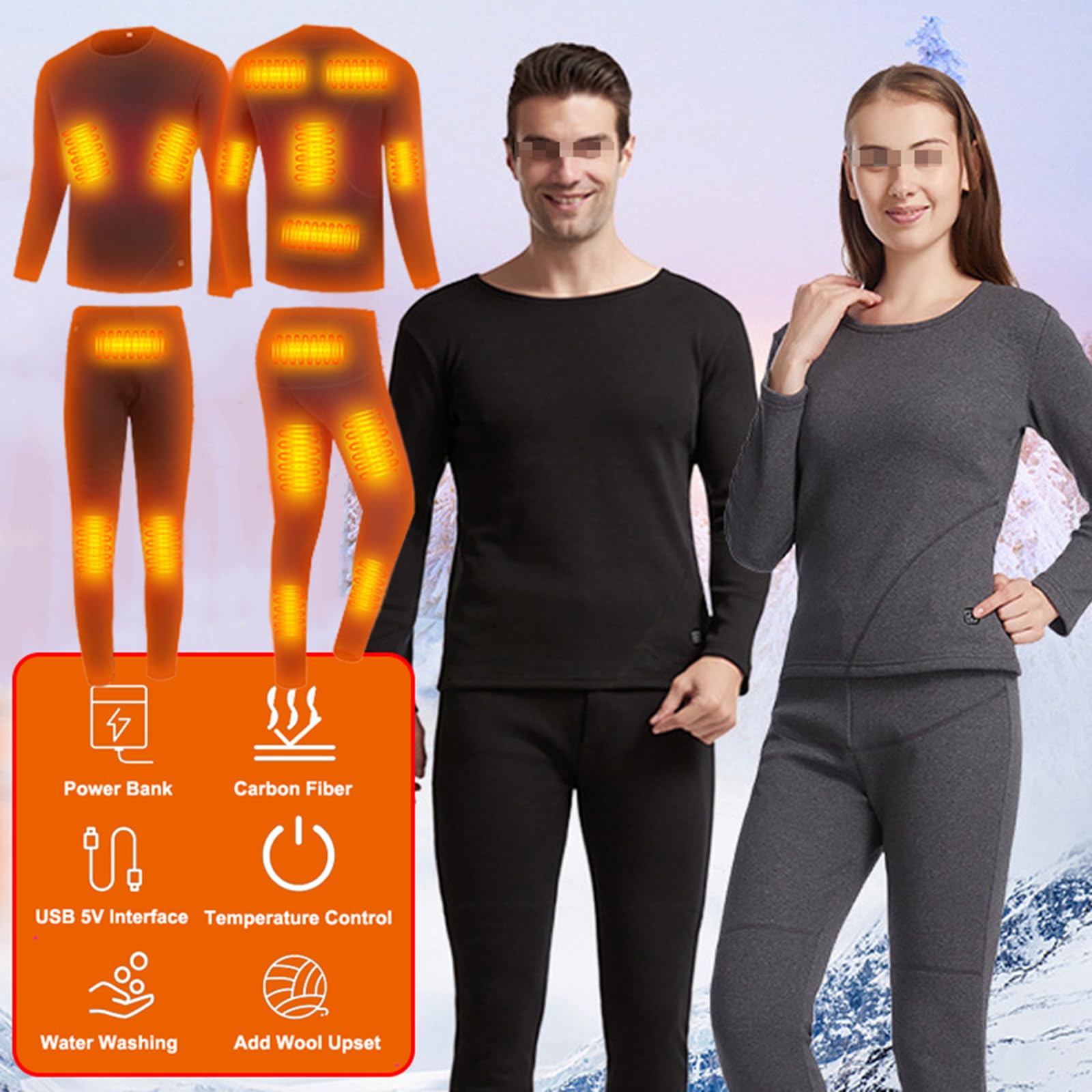 Set di Biancheria Intima Termica per Uomo Donna, Biancheria Intima Termica Riscaldante T-Shirt E Pantaloni Termica Elettrica USB -16 Aree di Riscaldamento (Batterie Non Incluse),L, Grey - Men