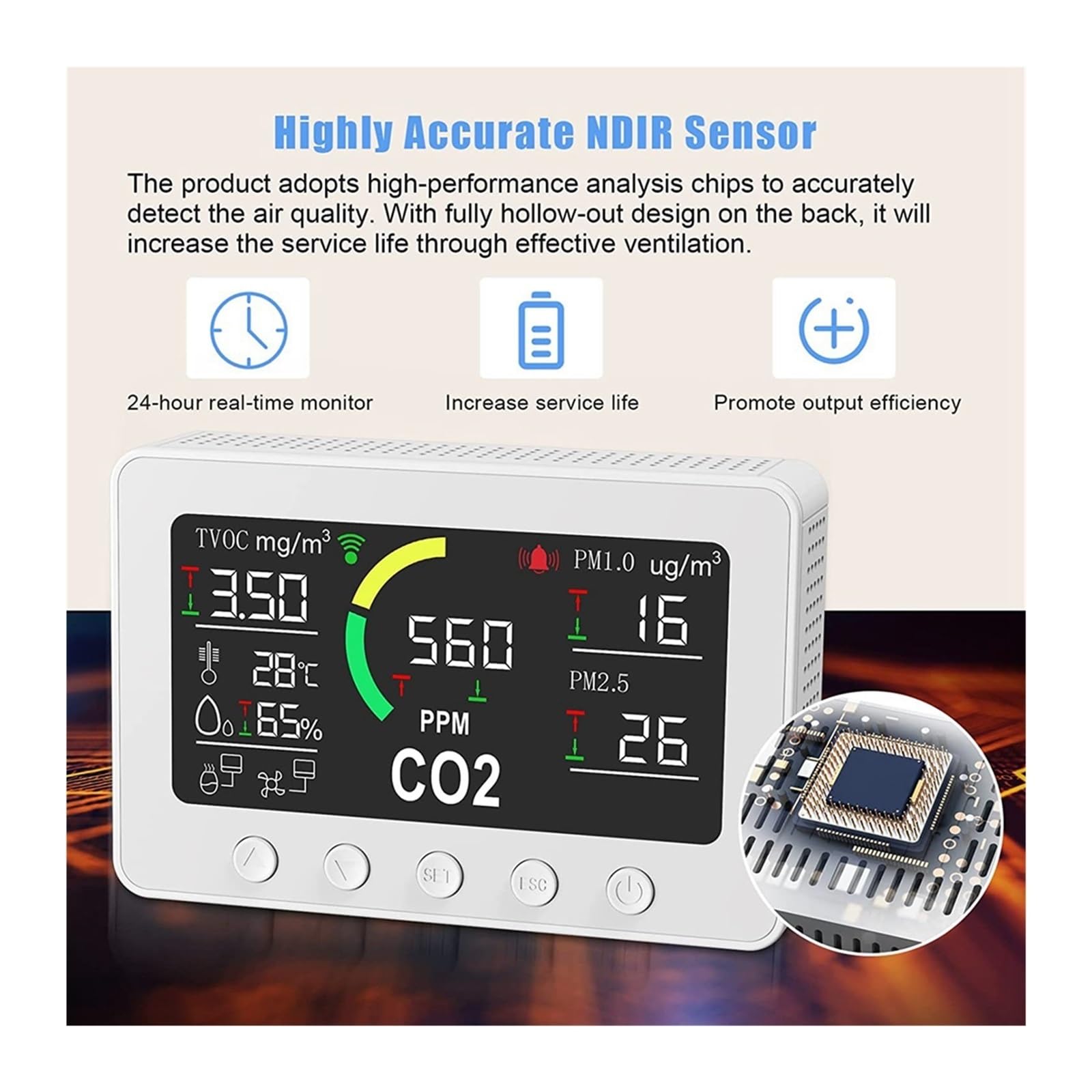 Monitor jakości powietrza, Wi-Fi Smart Air Quality Monitor NDIR CO2 Meter 6 w 1 cyfrowy czujnik temperatury i wilgotności do domu