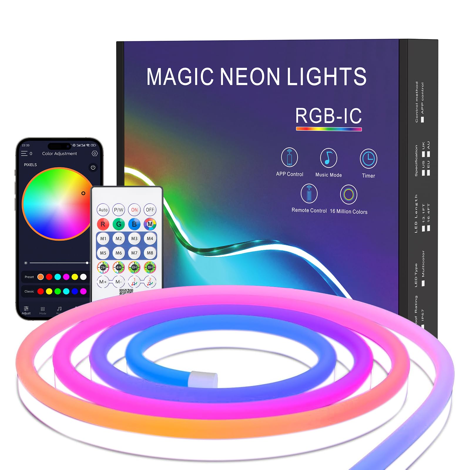 2M Neon LED Strip, RGB IC Flexible LED Strip Outdoor Waterproof 5V LED Neon Rope Light Dimmable with App Control Music Sync Remote Control Color Change for Indoor Outdoor Decoration - 2M