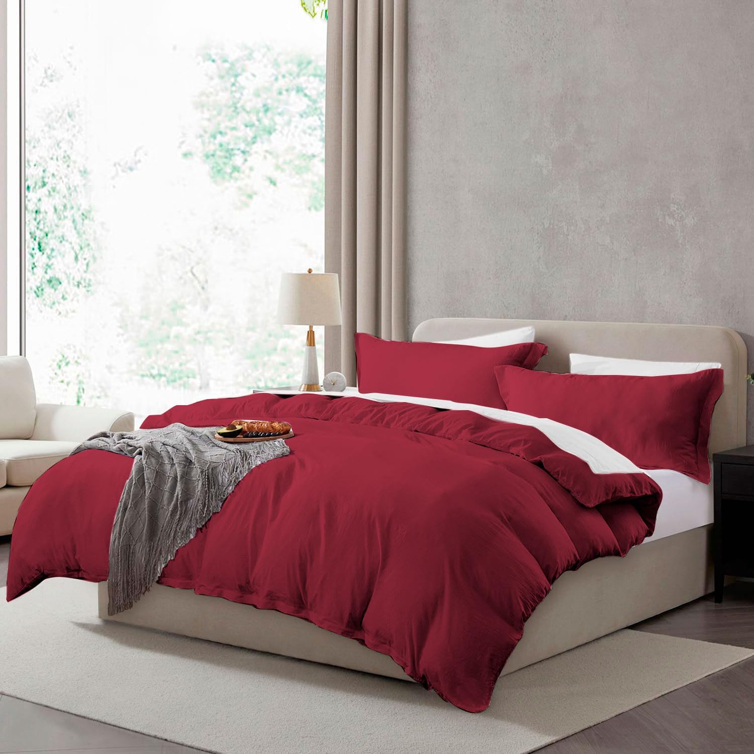 Hearth & Harbor Full Duvet Cover Set - Full Soft Prewashed Burgundy Red Duvet Cover, 3 Piece Set with Zipper Closure, 1 Duvet Cover 80x90 inches and 2 Pillow Shams