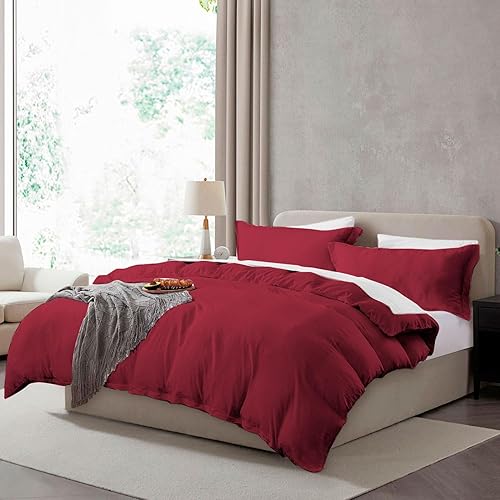 Hearth & Harbor Full Duvet Cover Set - Full Soft Prewashed Burgundy Red Duvet Cover, 3 Piece Set with Zipper Closure, 1 Duvet Cover 80x90 inches and 2 Pillow Shams