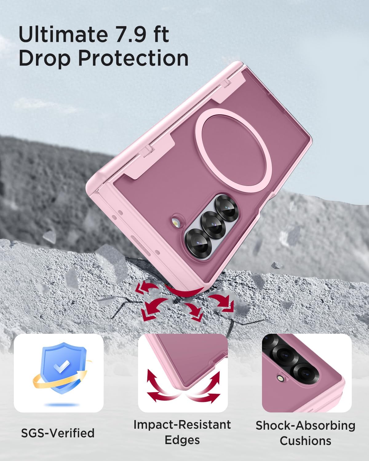 Miimall Case for Samsung Galaxy Z Fold7, Built-in Privacy Screen, Compatible with MagSafe, Full Hinge Protection, Matte Translucent Anti-Slip Rugged Z Fold 7 Case, Pink