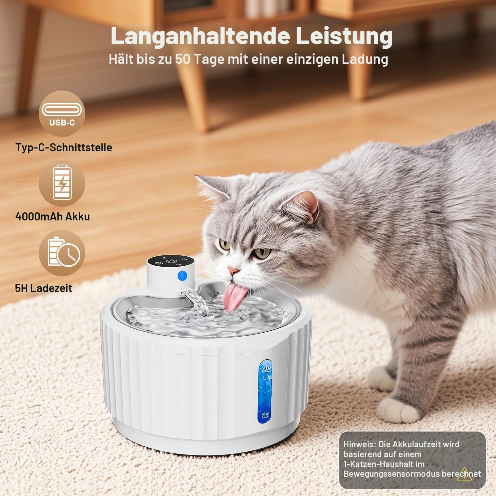Katzenbrunnen, 2.8L Trinkbrunnen für Katze Kabellos, 4000mAh katzentrinkbrunnen mit bewegungsmelder, Wasserbrunnen mit Ersatzfiltern, Wasserspender Katzen, Leise Wasserpumpe, Tablett aus Edelstahl