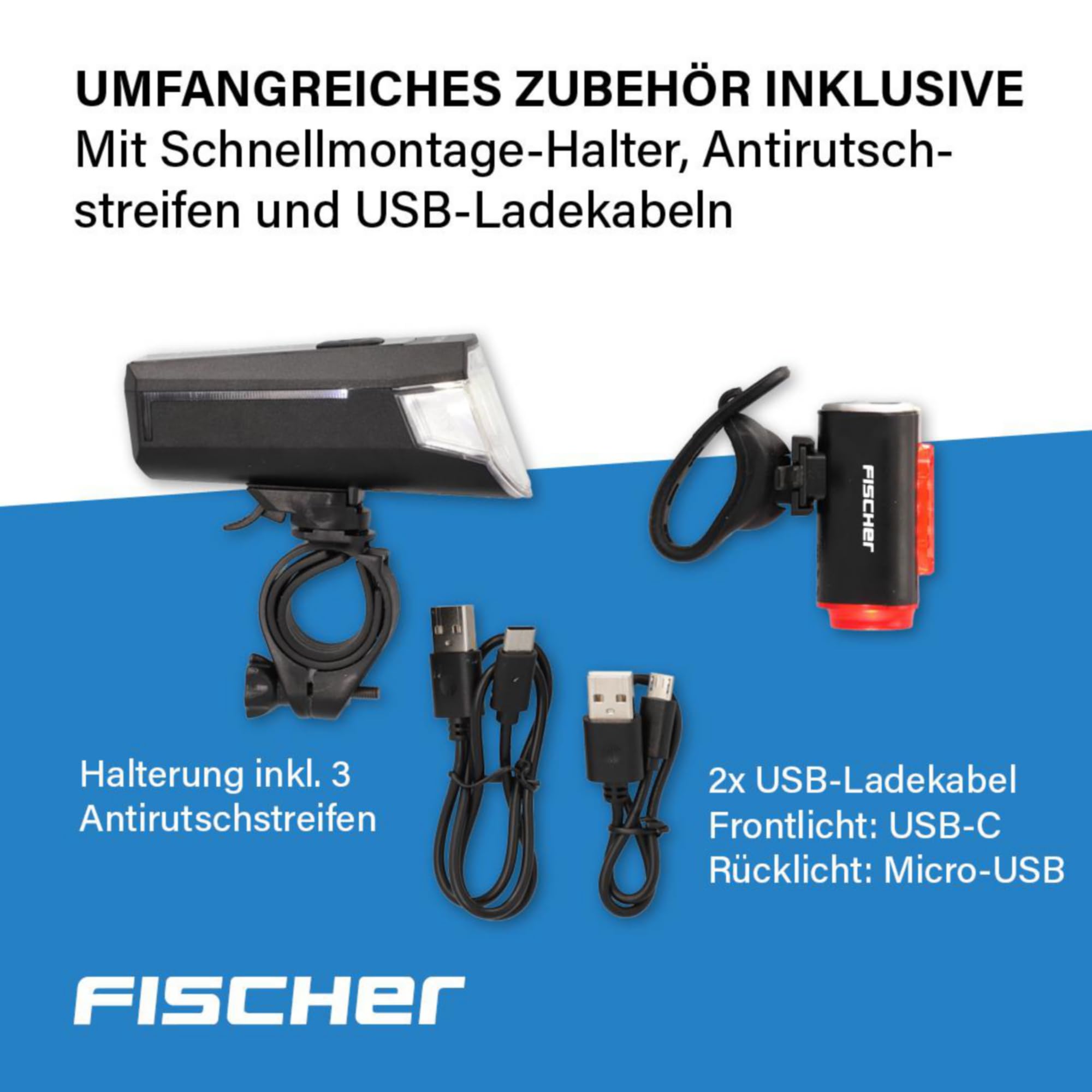 Fischer Zestaw oświetlenia LED do roweru Twin z innowacyjną lampą podłogową 360° zapewnia lepszą widoczność i ochronę, światło przednie