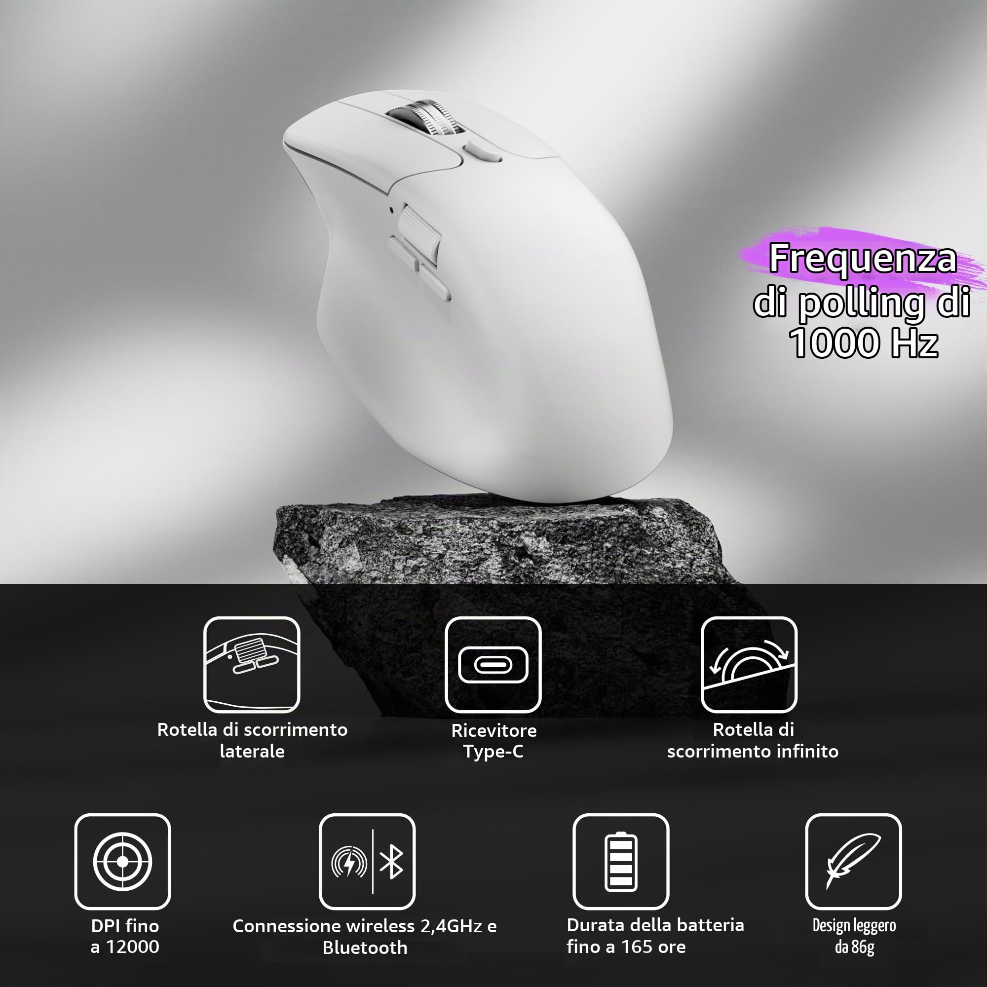 Keychron Mouse wireless M6 1K completamente silenzioso, 2,4 GHz/Bluetooth 5.1/Wired, sensore PixArt 3311, pulsanti programmabili, pulsante di scorrimento laterale, fino a 12.000 DPI/750 IPS leggero