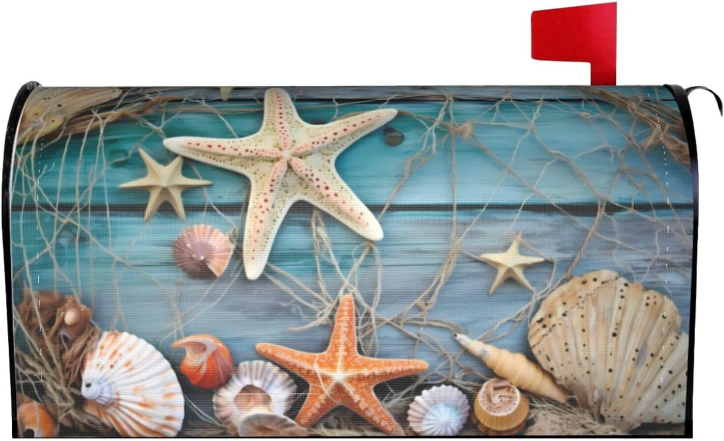 Beach Nautical Theme Tropical Style Mailbox Cover Shells Starfish Fishing Net Summer on Bule Wooden Letter Box Cover Magnetic Mail Wraps Post Garden Decorations 25.5x21 in
