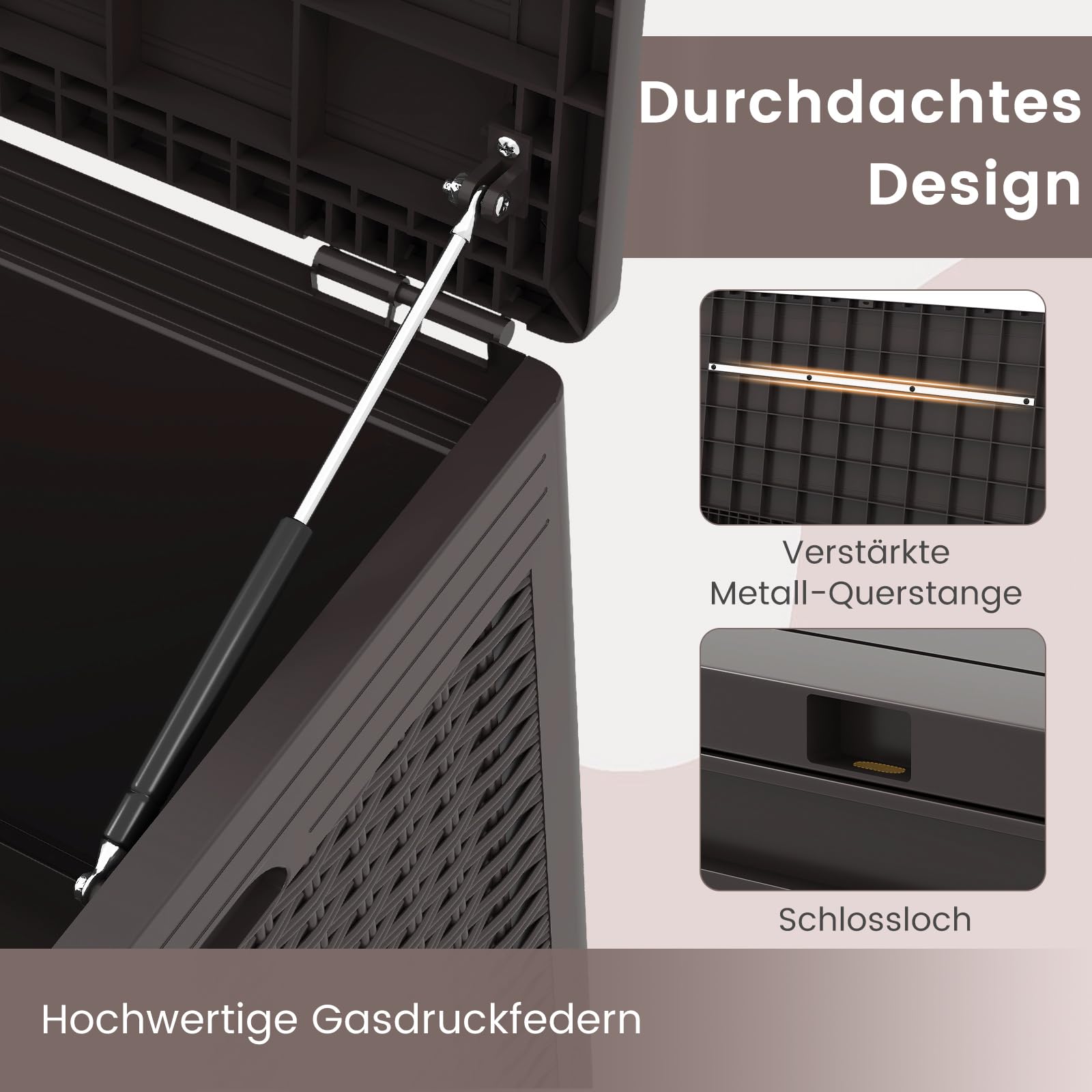 COSTWAY 380 L Gartenbox mit Rollen, Auflagenbox wasserdicht inkl. Deckel, Aufbewahrungsbox Gartentruhe mit Rattanstruktur für Poolzubehör, Gartengeräte & Balkon (Braun)