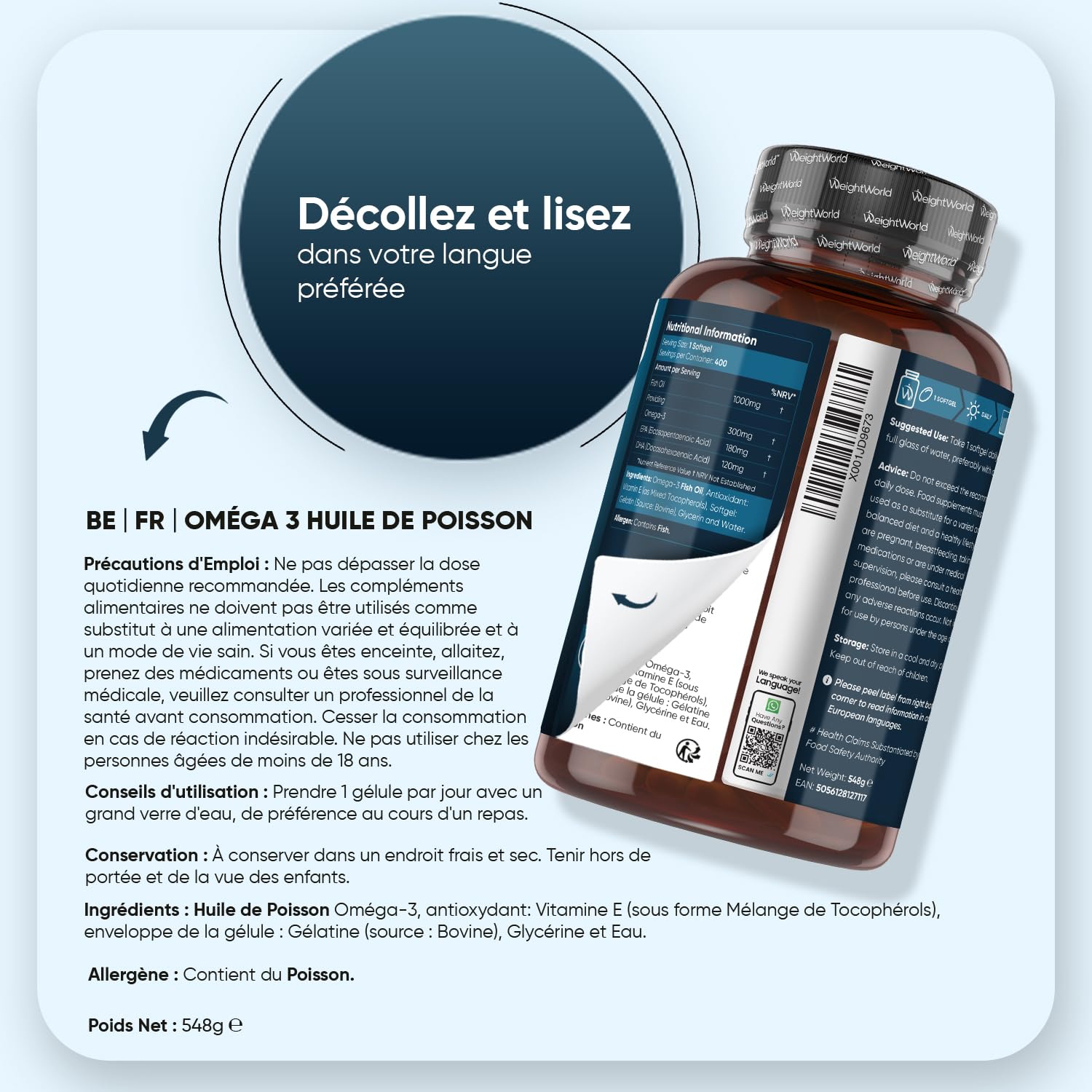 Oméga 3 Huile de Poisson 400 Gélules pour +1 An d'Apport, Fish Oil Omega 3 EPA DHA sans Odeur, Selon l'EFSA, l'EPA et le DHA Contribuent au Fonctionnement Normal du Cœur