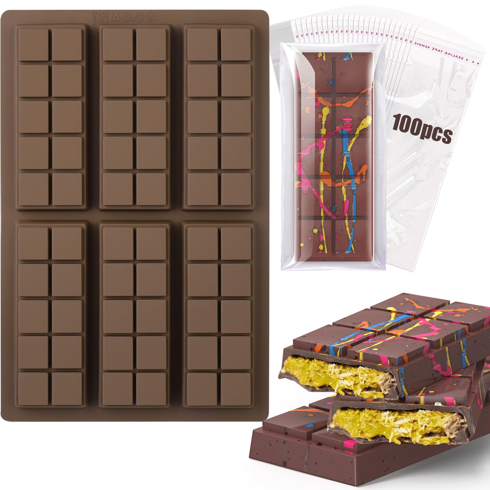 BABORUI 6 Cavities Chocolate Bar Mold Deep with 100Pcs Bags, Thick Chocolate Bar Mold for Stuffed Bar, Silicone Chocolate Mold for Filling Knafeh Pistachio Chocolate Bar(10 Snap)