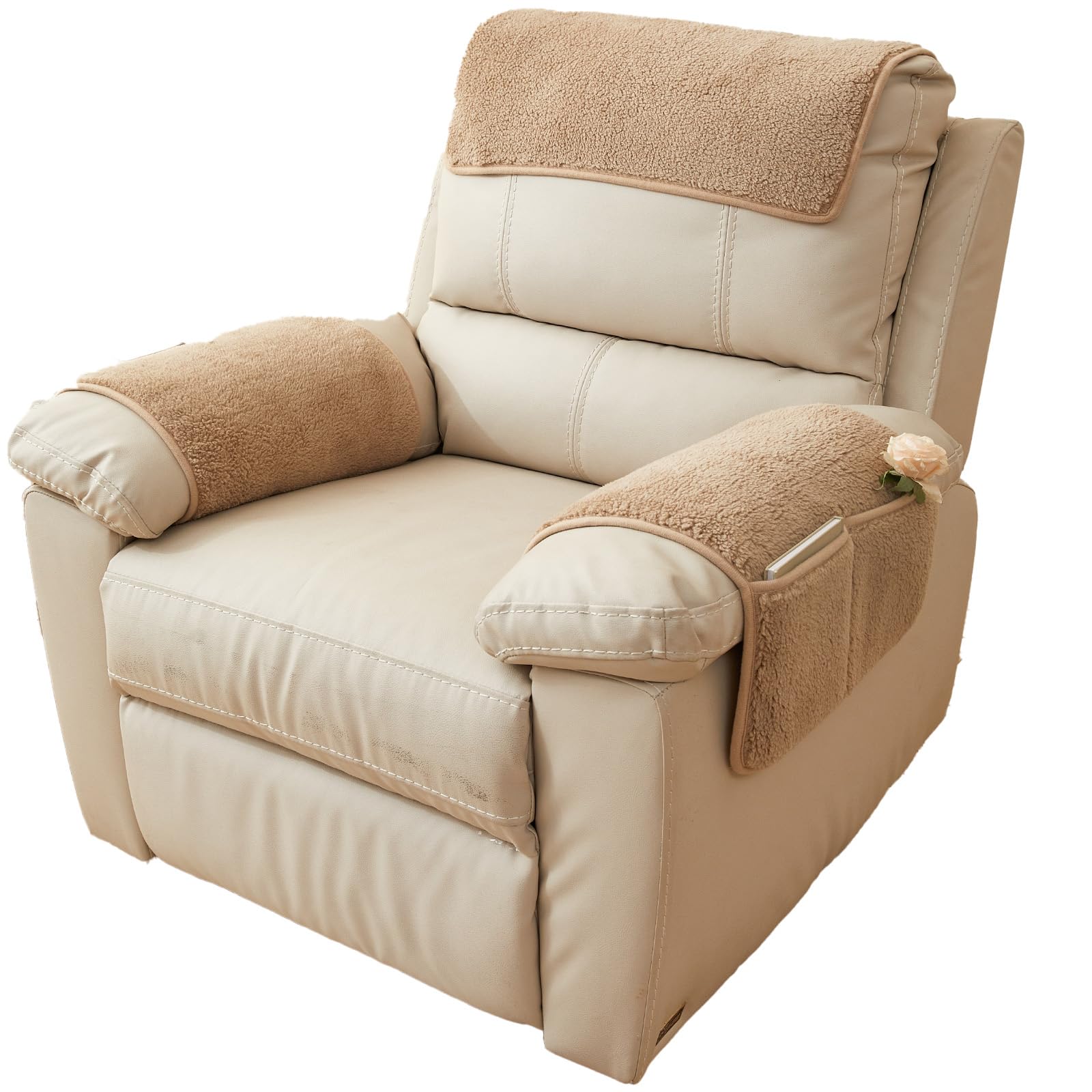 QSZTJJ Casual Recliner Chair Cover, Armchair Covers for Arms Headrest, Camel, 2 Seater, Water Resistant, Side Pocket