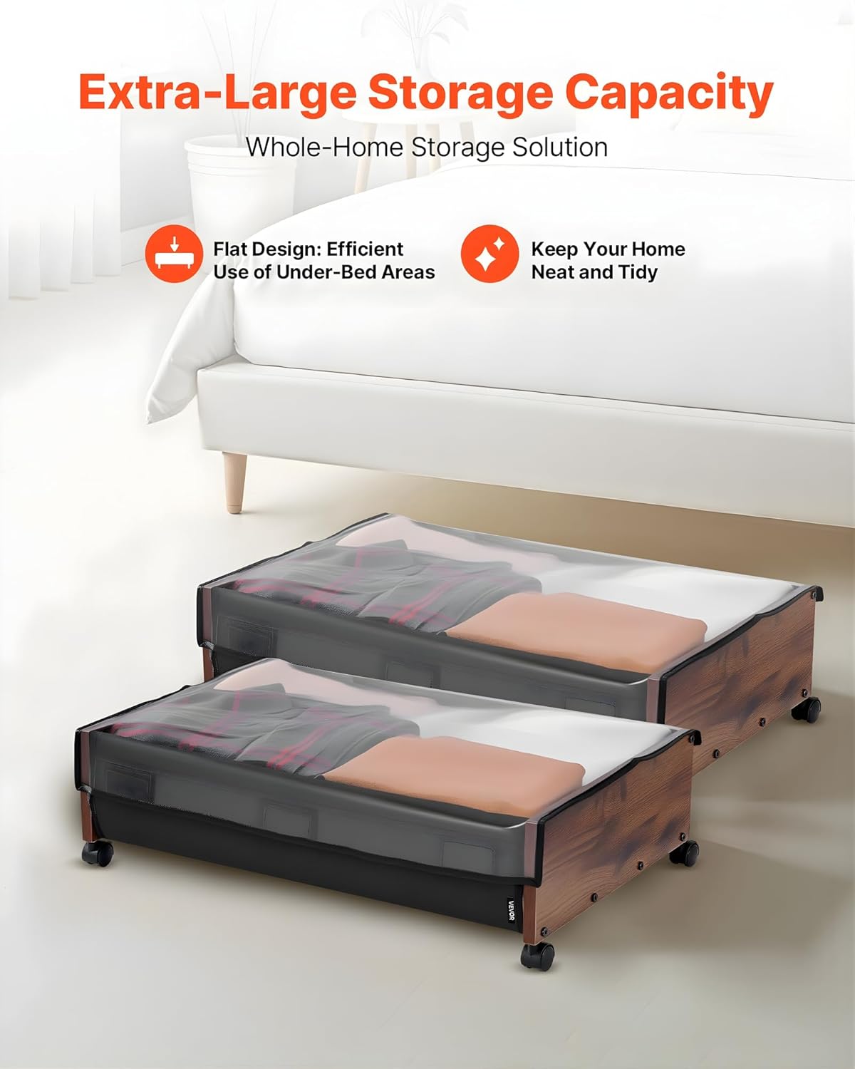 Under Bed Storage with Wheels, 2-Pack Rolling Underbed Bins with Clear Lid – 60lbs Capacity Heavy-Duty Storage Containers for Clothes, Shoes, Blankets, Space-Saving Bedroom Organizer