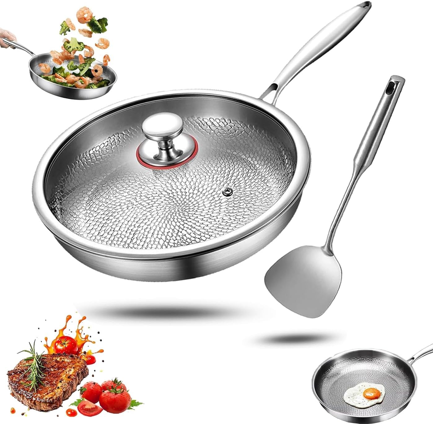 Generico Padella titanio con spatola, wok antiaderente martellato in titanio Nutrition per cucinare, non rivestita, padella Pro induzione, per cucina e campeggio (Con Coperchio, 32cm)