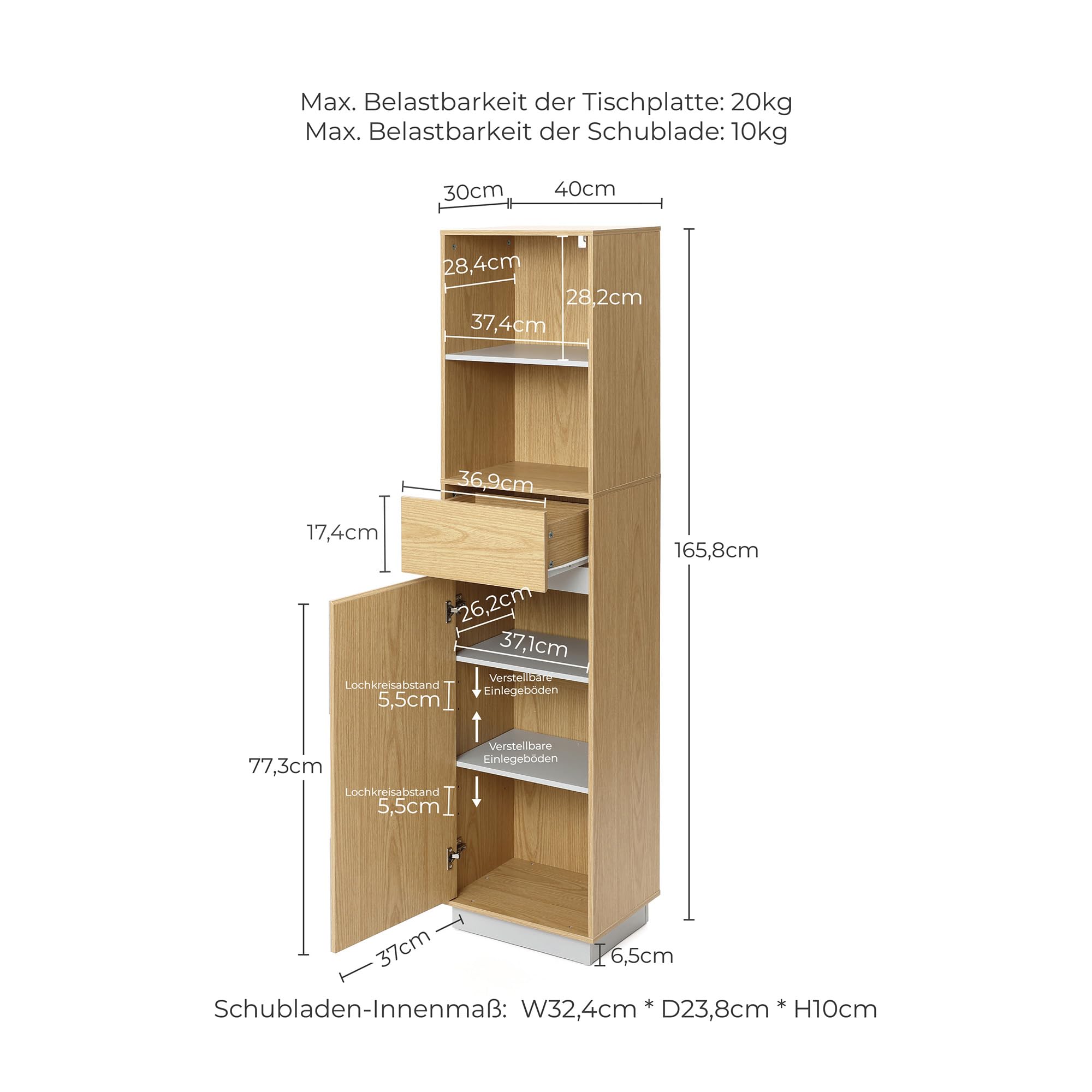 Hometopia Badezimmer Hochschrank Holz, 166 cm schmal mit Tür | 30x40 cm Grundfläche, 1 Schublade, verstellbare Böden unten, für kleine Bäder, freistehend, Eichenoptik, pflegeleicht