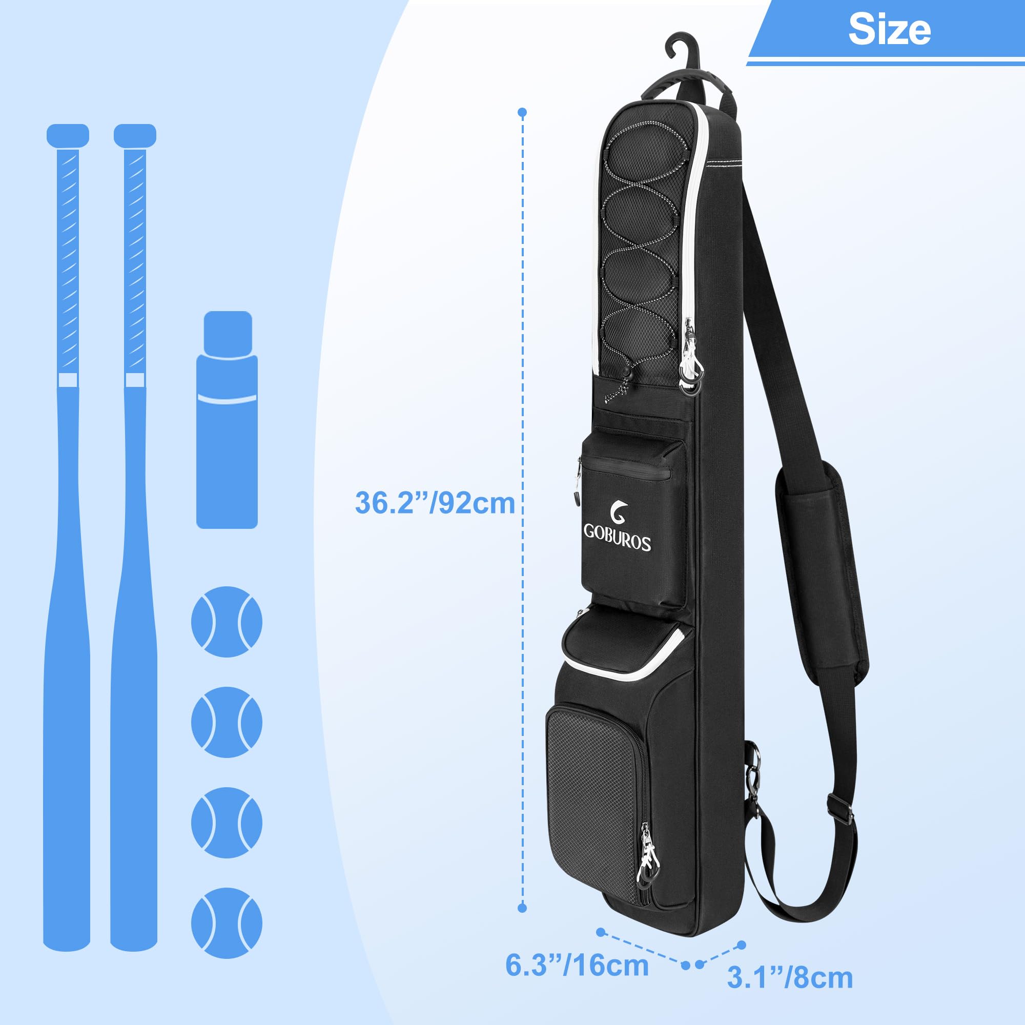 GOBUROS Bolsa de bate de béisbol para 3-4 bates de béisbol, bolsa de bate con gancho de valla y correa de hombro ajustable, apto para béisbol, sóftbol, bate de T-ball
