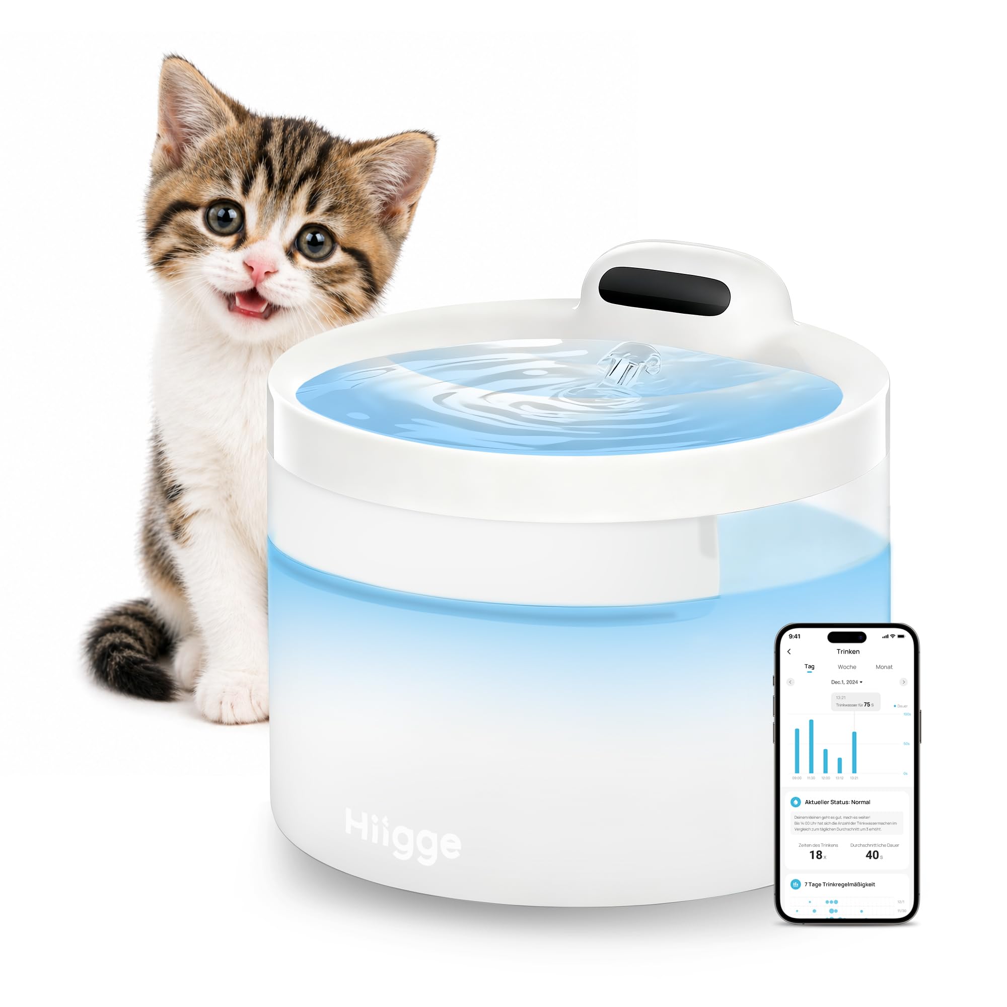 Hiigge Wireless Cat Water Fountain for Drinking, Smart WiFi App, 96-Day Cordless, Motion Sensor, 2.3L BPA-Free, 25dB Ultra-Quiet, 5-Stage Filter for Kidney & Urinary Health, White Cat Fountain