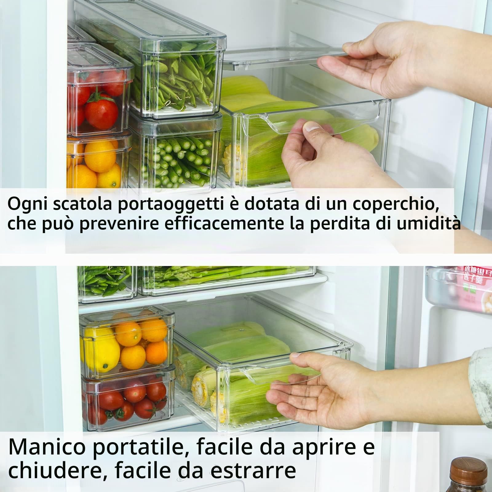 Set di 7 Contenitori per Frigorifero, Organizzatori per Dispensa, Cestini, Trasparente, Organizer con Maniglia per Cucina, Armadietti,Bagno