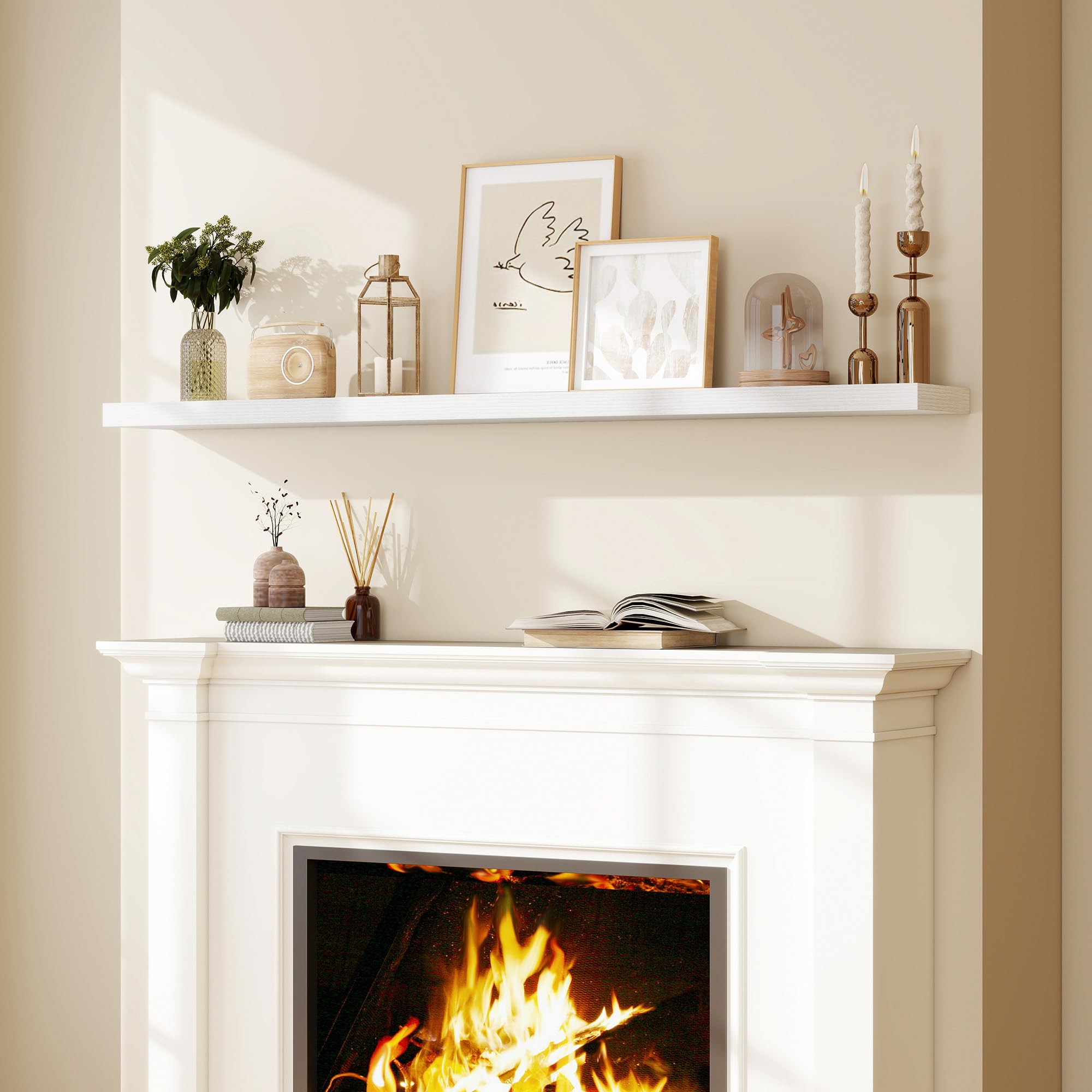 Fun Memories 66 Inch Fireplace Mantel Shelf with Invisible Bracket, 8 Inch Deep Floating Shelf for Living Room, Kitchen, Farmhouse, White (2-Pack)