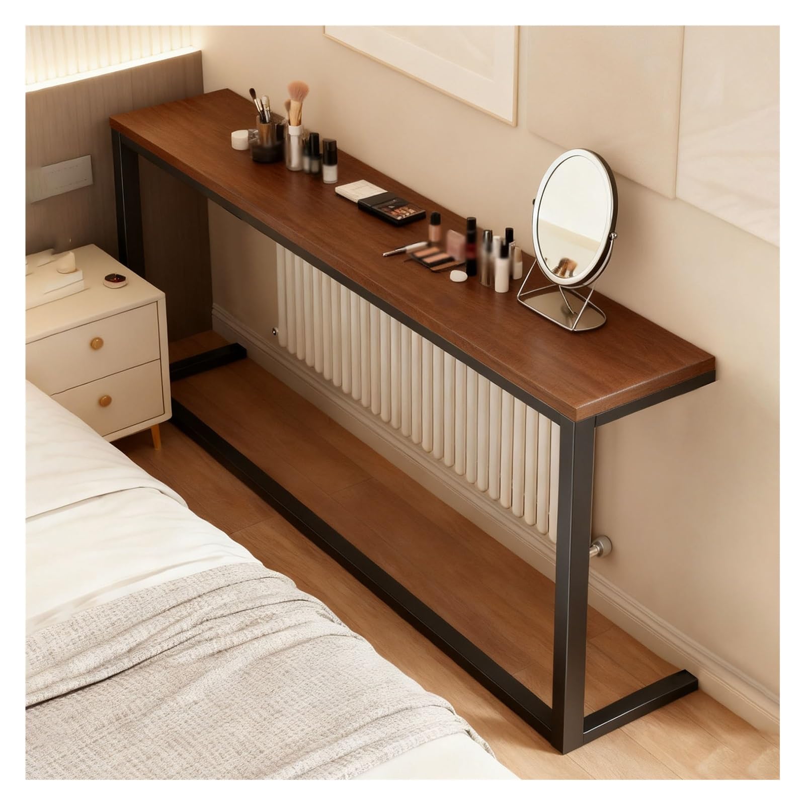 Mesa detrás del sofá para pasillo largo y vestíbulo moderno con baldas abiertas