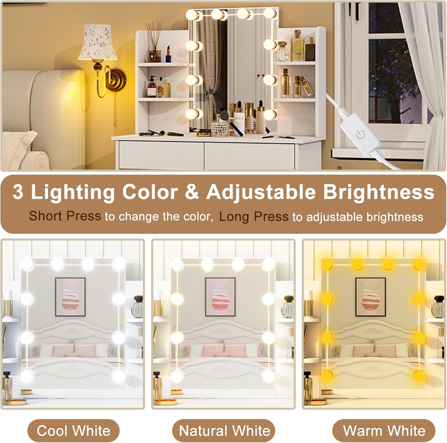 Small Vanity Desk with Mirror and Lights, Modern Vanity Table with 2 Drawers, Storage Shelves, Mini Makeup Vanity with Lights 10 Bulbs and Adjustable Brightness, Dressing Table for Bedroom,Pure White