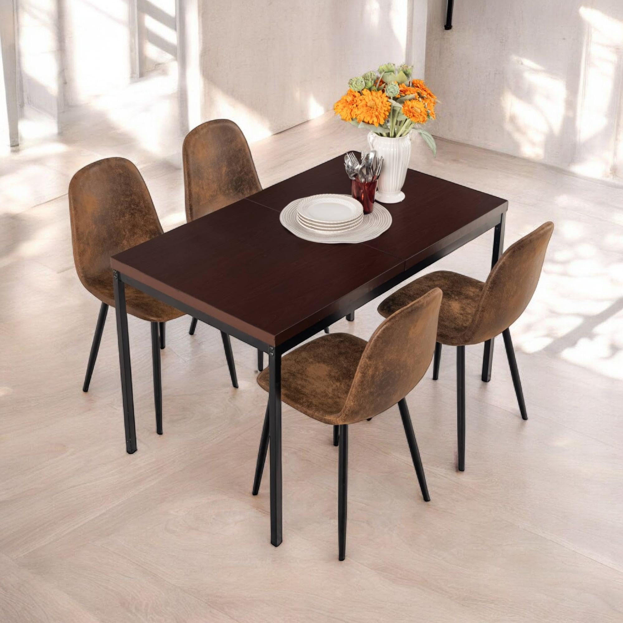 FurnitureR Tables à Manger de Jardin en Brune, Style Épuré et Élégant pour 4 à 6 Personnes, Plateau en Bois Epais avec Structure Métallique, pour Terrasse, Patio, Garden, 120x70x75cm