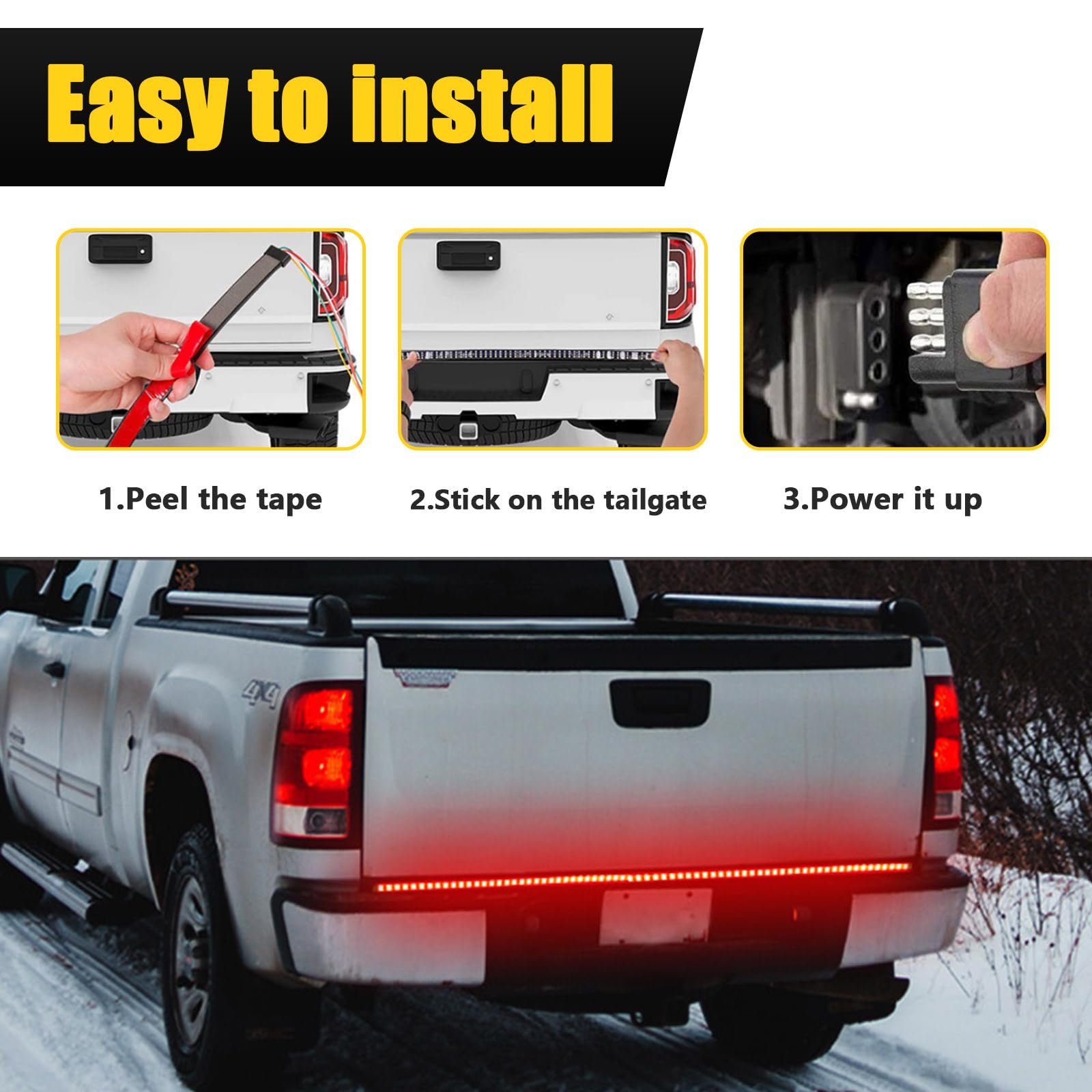 47" Truck Tailgate LED Light Bar - Triple Row Red/White/Amber Lights, IP67 Waterproof - View #2