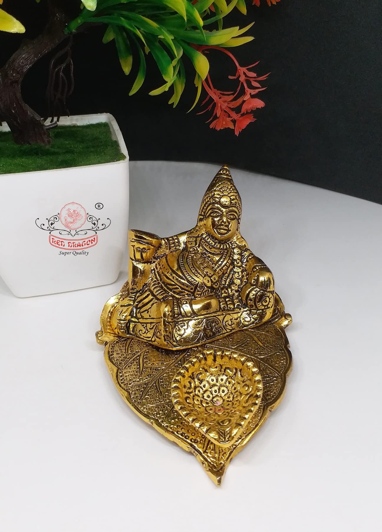 Red Dragon Metal Kuber Statue with Deepam Oil lamp for Good Luck Vastu Prosperity and Wealth|Kuber Deepak on Leaf |Kubera Diya Murti for Temple Decor|Kubera Vilakku|Religious Idol Home Decor and Pooja Article