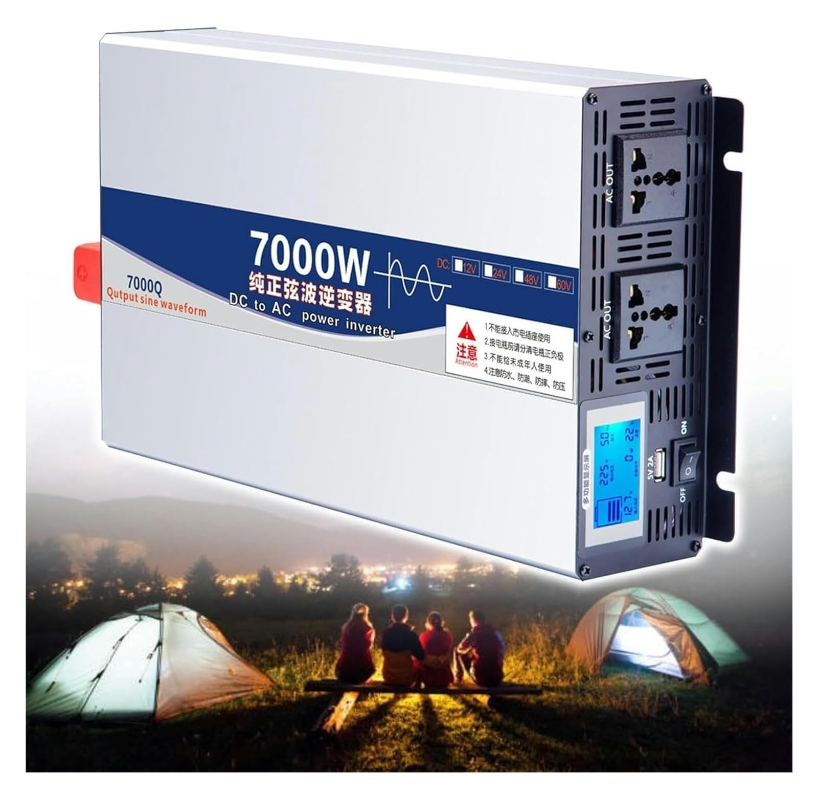 Czysty konwerter napięcia Sinus, 12V/24V/48V/60V na AC 110 V 220 V 230 V 240V, przetwornica mocy z wyświetlaczem LCD (12 V do 110 V)