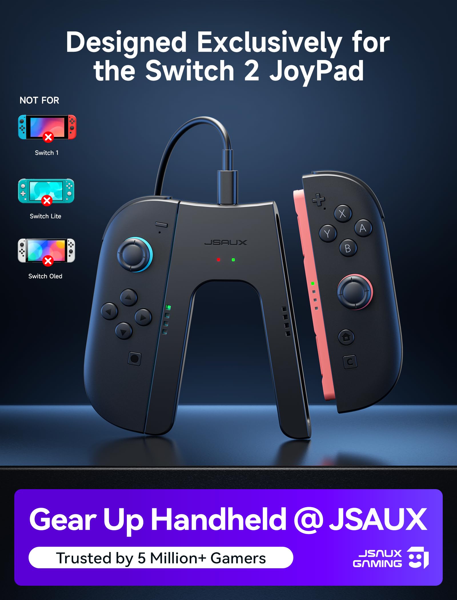 JSAUX Agarre de Carga para Switch 2, Controlador con Agarre Magnético Compatible con JoyCon de Switch 2, Juega Mientras Cargas con Indicador LED y Cable de Carga de 1.5m/4.9ft - Negro