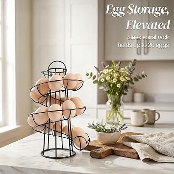 Flexzion Egg Skelter Modern Spiral Egg Holder Countertop (Medium Egg Display) - Freestanding Wired Countertop Egg Holder for Fresh Eggs, Dispenser Stand, Storage Rack for Kitchen, Black