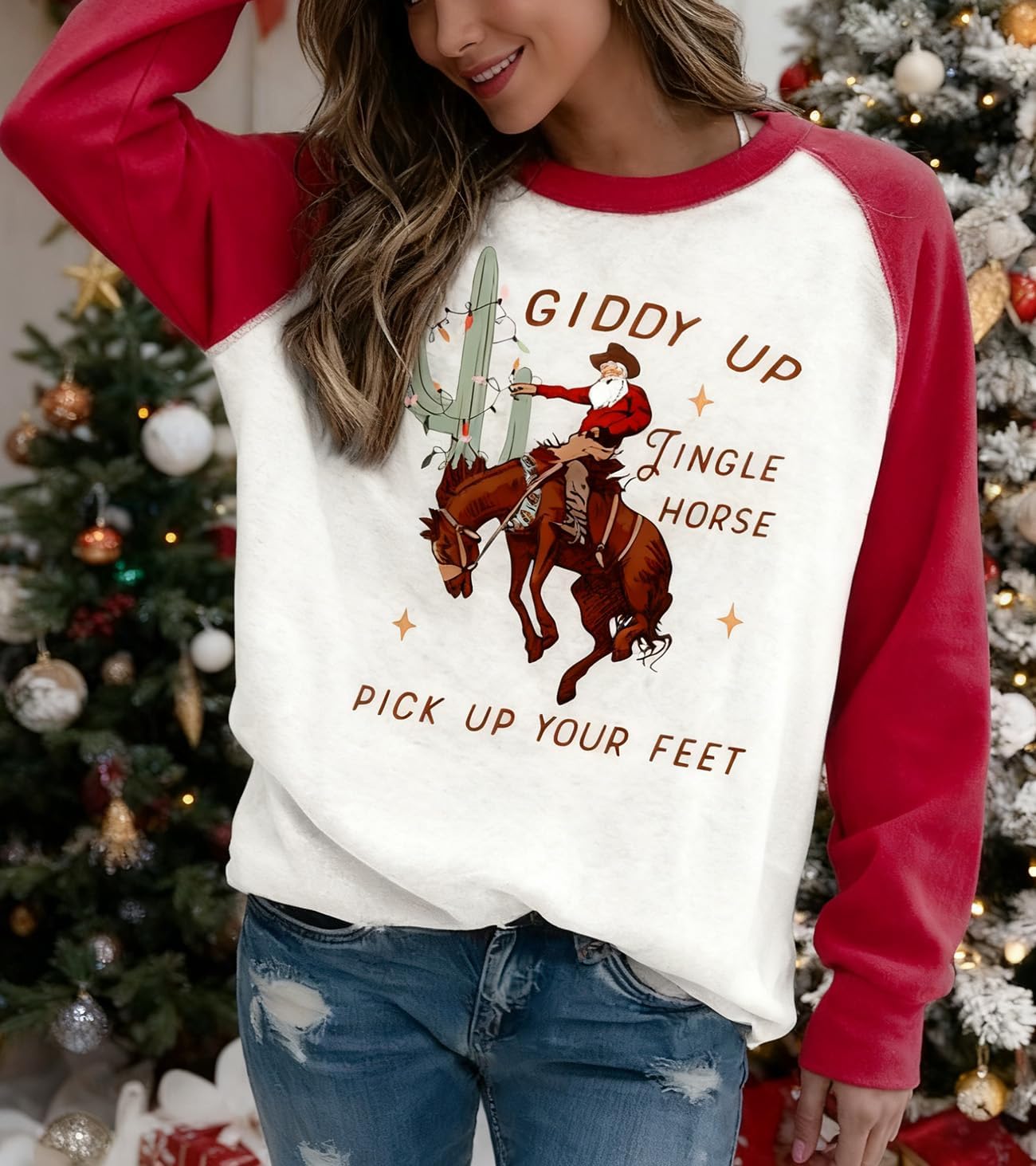 jusgai Cowboy Christmas Sweatshirts Women Giddy Up Jingle Horse Pick Up Your Feet Print Pullover Santa Cactus Country Top