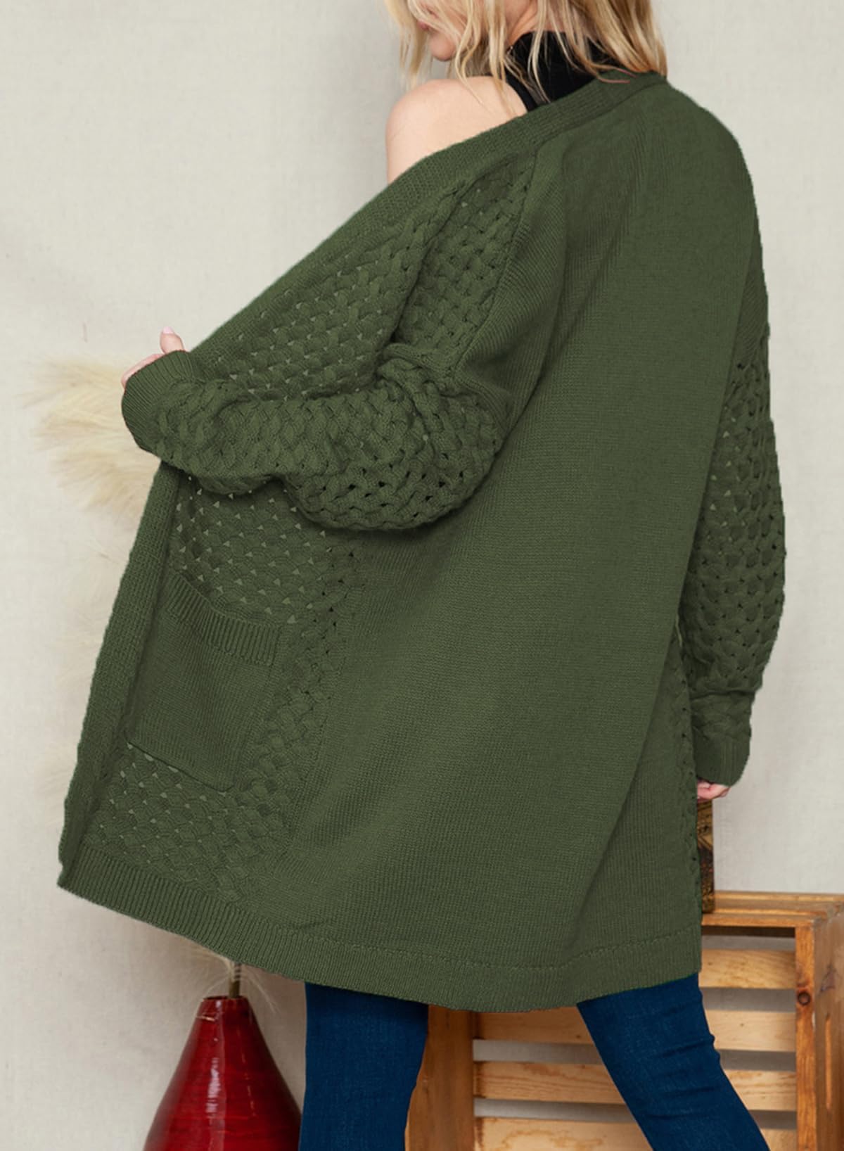 Chaqueta larga de punto para mujer, chaqueta de punto frontal abierta, abrigo con bolsillos, ropa exterior holgada informal para uso diario, verde, S