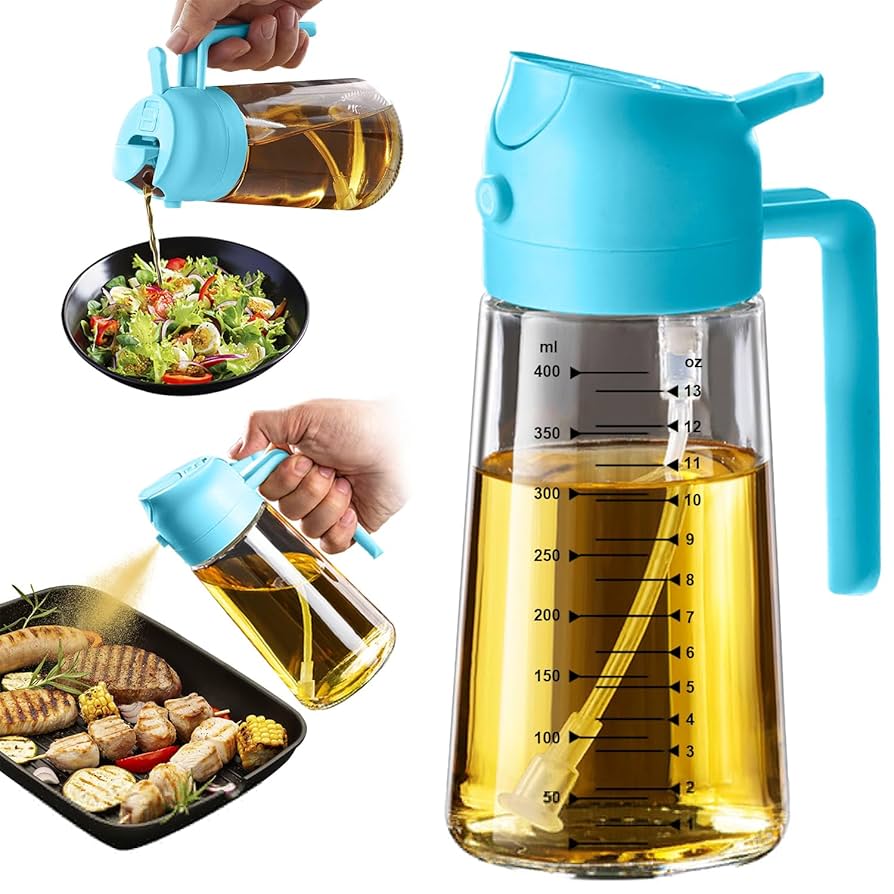 TrendPlain 16oz/470ml Glass Olive Oil Sprayer for Cooking – 2 in 1 Olive Oil Dispenser Bottle for Kitchen Gadgets and Air Fryer Accessories, Salad, BBQ - Sky Blue