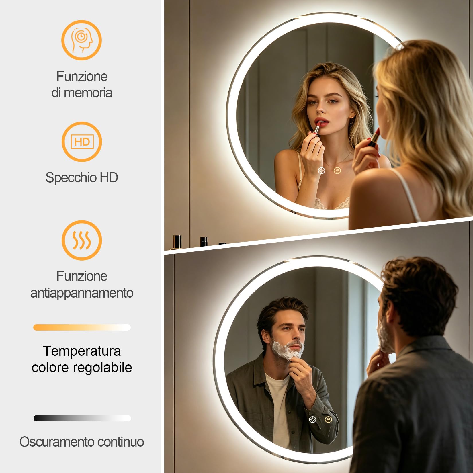 Specchio da bagno rotondo da 49.5 cm con illuminazione a LED | Specchio cosmetico con retroilluminazione, 3 temperature di colore, antiappannamento, luminosità regolabile, IP56